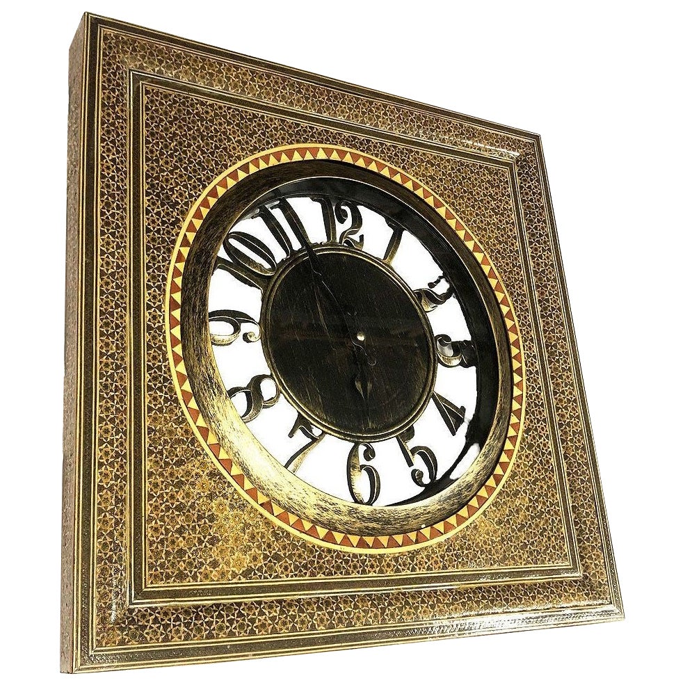 Persian Khatam Kari Marquetry Inlaid Mosaic Square Wood Wall Clock For Sale
