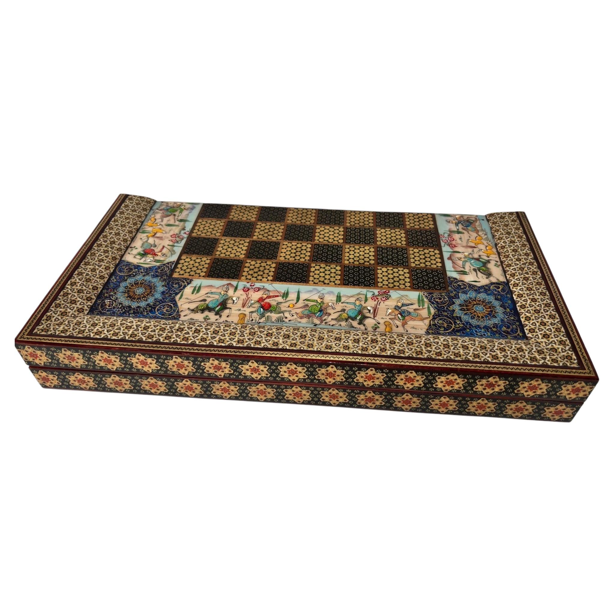 Handcrafted Persian Khatamkari Backgammon & Chess Set in Islamic Style