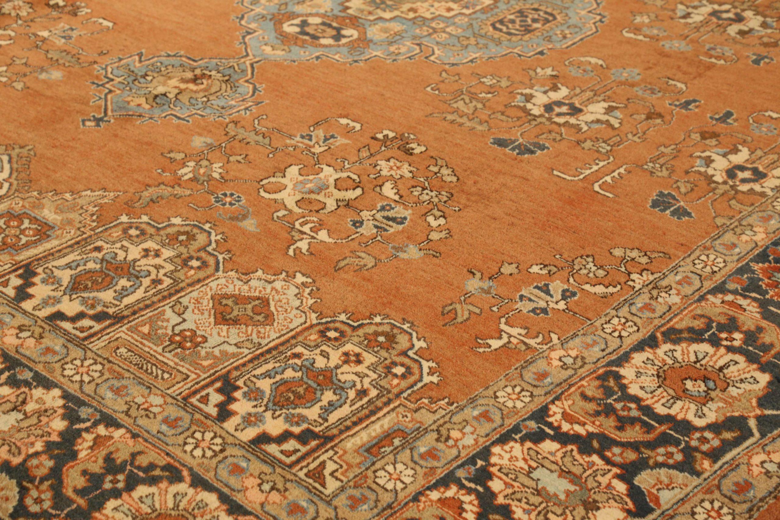 Asian Persian Khoi Area Rugs - Wool Blue Ivory Orange 10346 For Sale