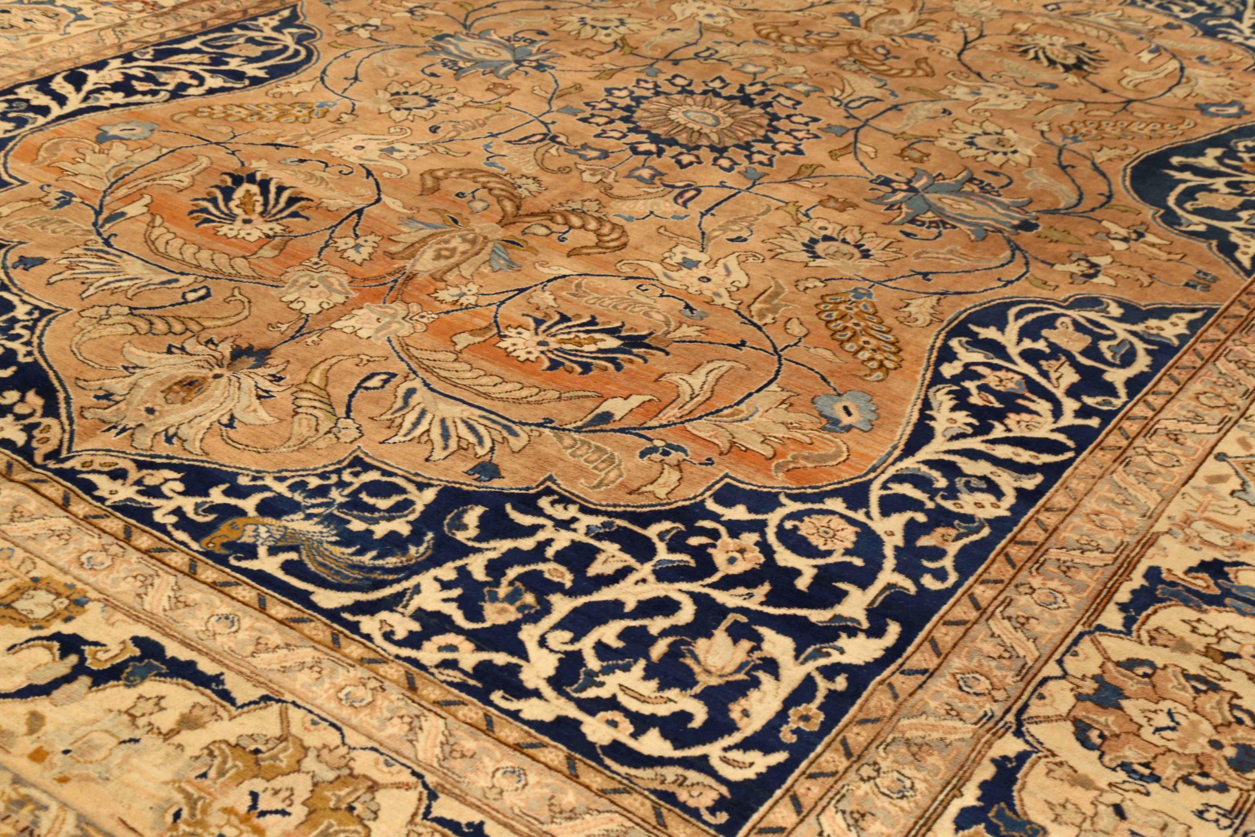 Alfombras Persas Khoi - Lana Marfil Azul Marino Diseño Rosa - 75425 Asiático en venta