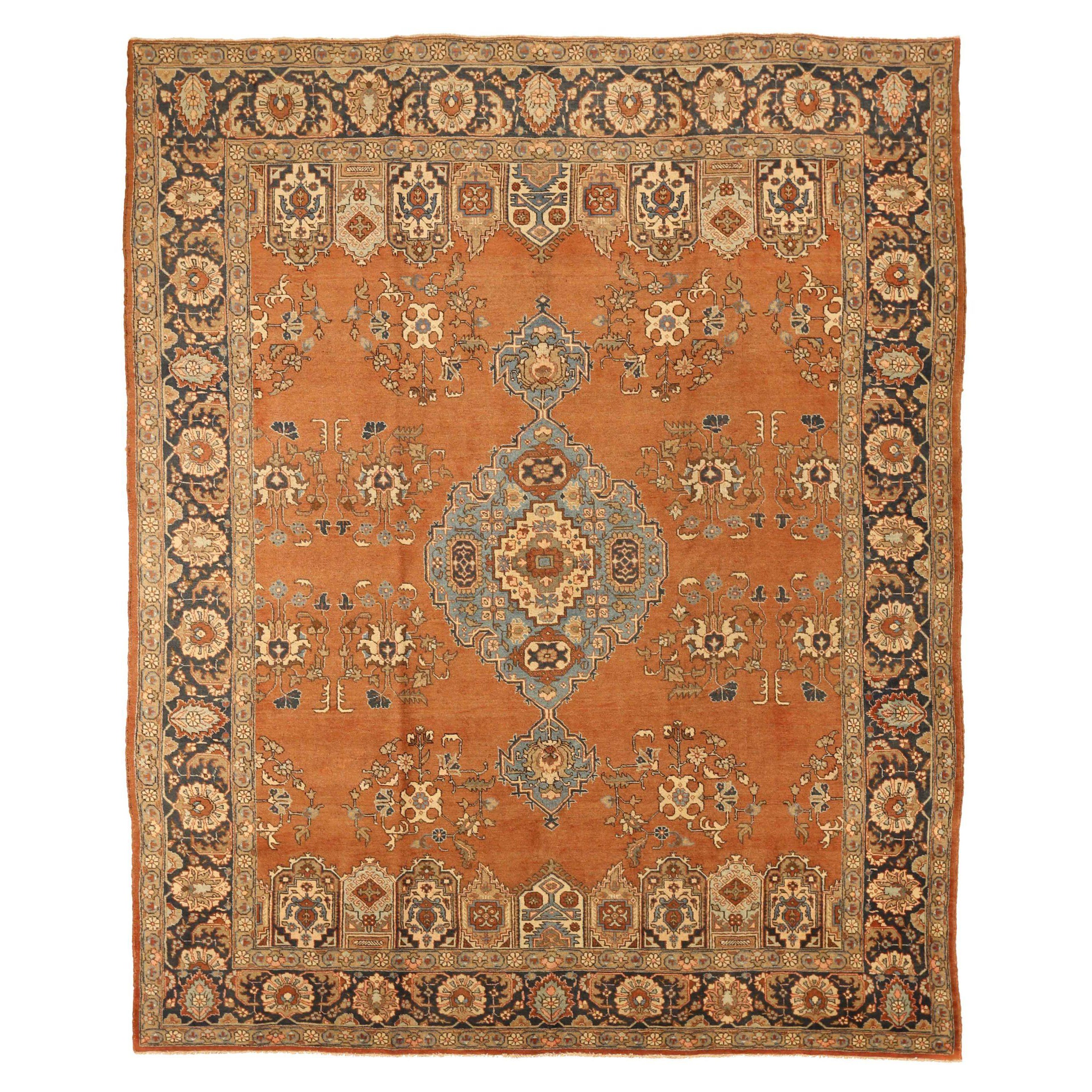 Persian Khoi Area Rugs - Wool Blue Ivory Orange 10346 For Sale