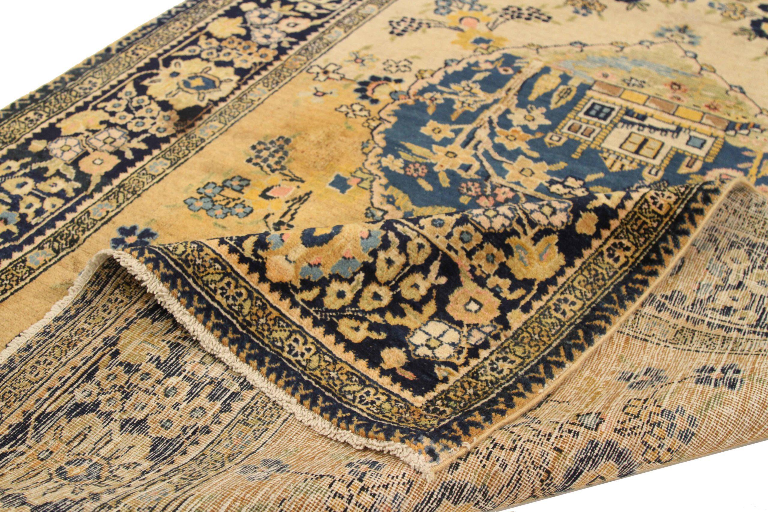 Asian Persian Khoi Small Rug - Wool Ivory Navy Blue Yellow Design - 75037 For Sale