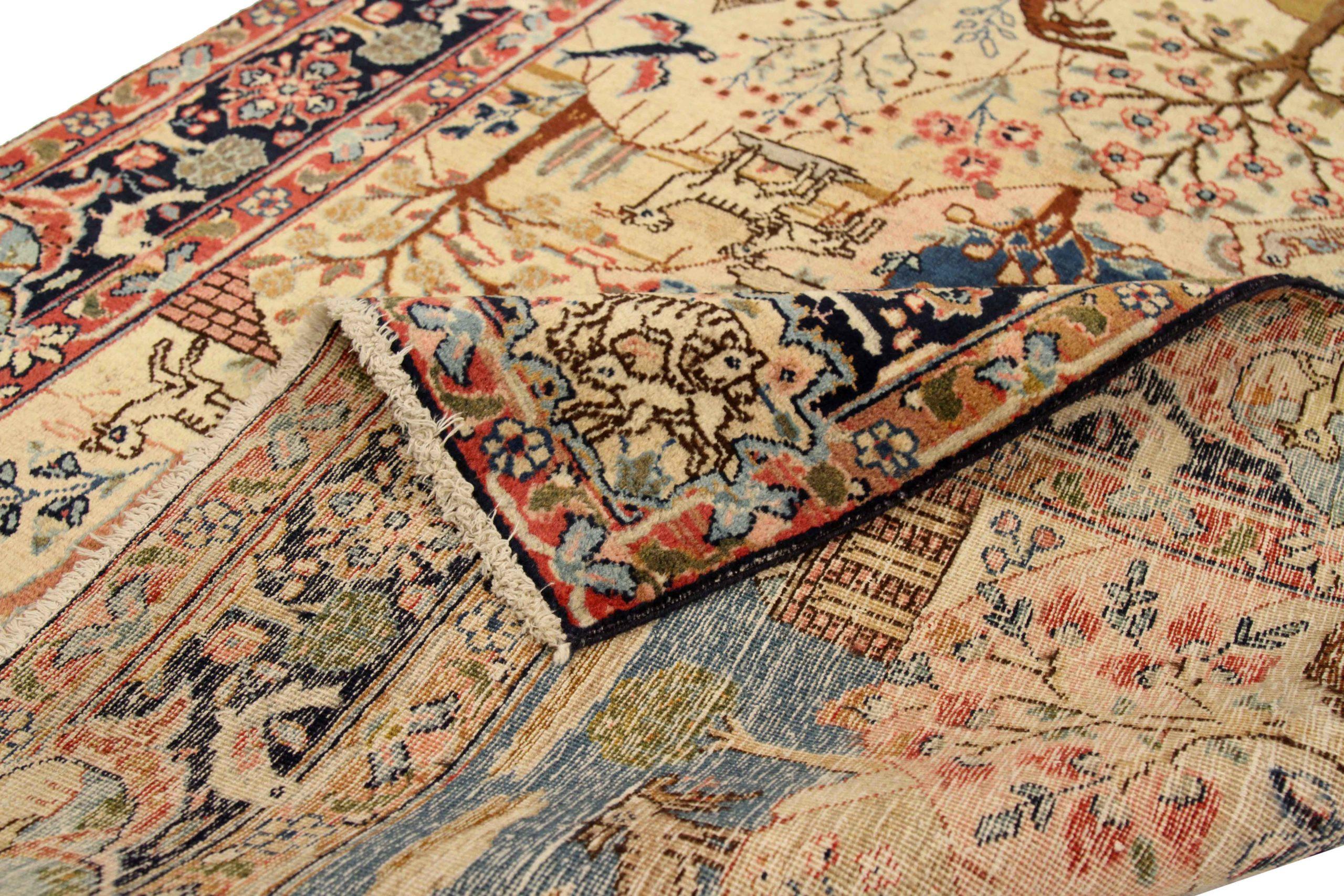 Asiatico Tappeto persiano Khoi Small Design, circa 1910 - Lana blu avorio rosa - 75086 in vendita