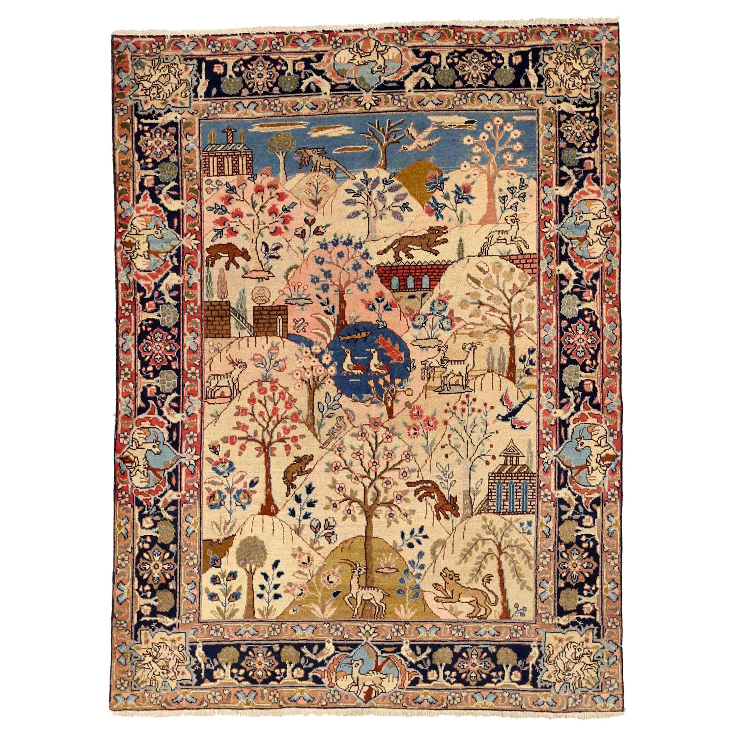 Persischer Khoi Kleiner Teppich Circa 1910 - Wolle Blau Elfenbein Rosa Design - 75086
