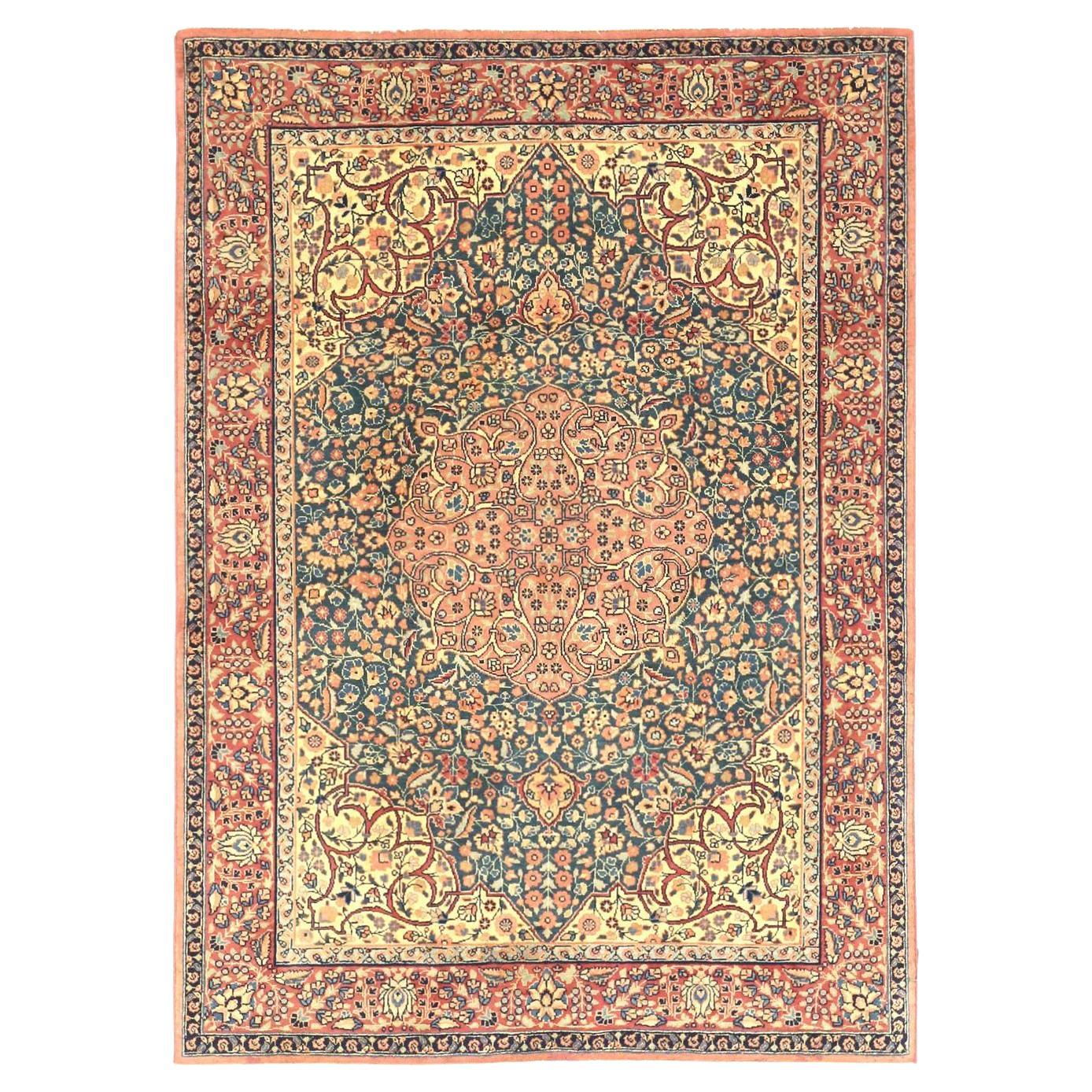 Persian Khoi Small Rug Circa 1940 - Wool Blue Ivory Navy Blue Pink 72940