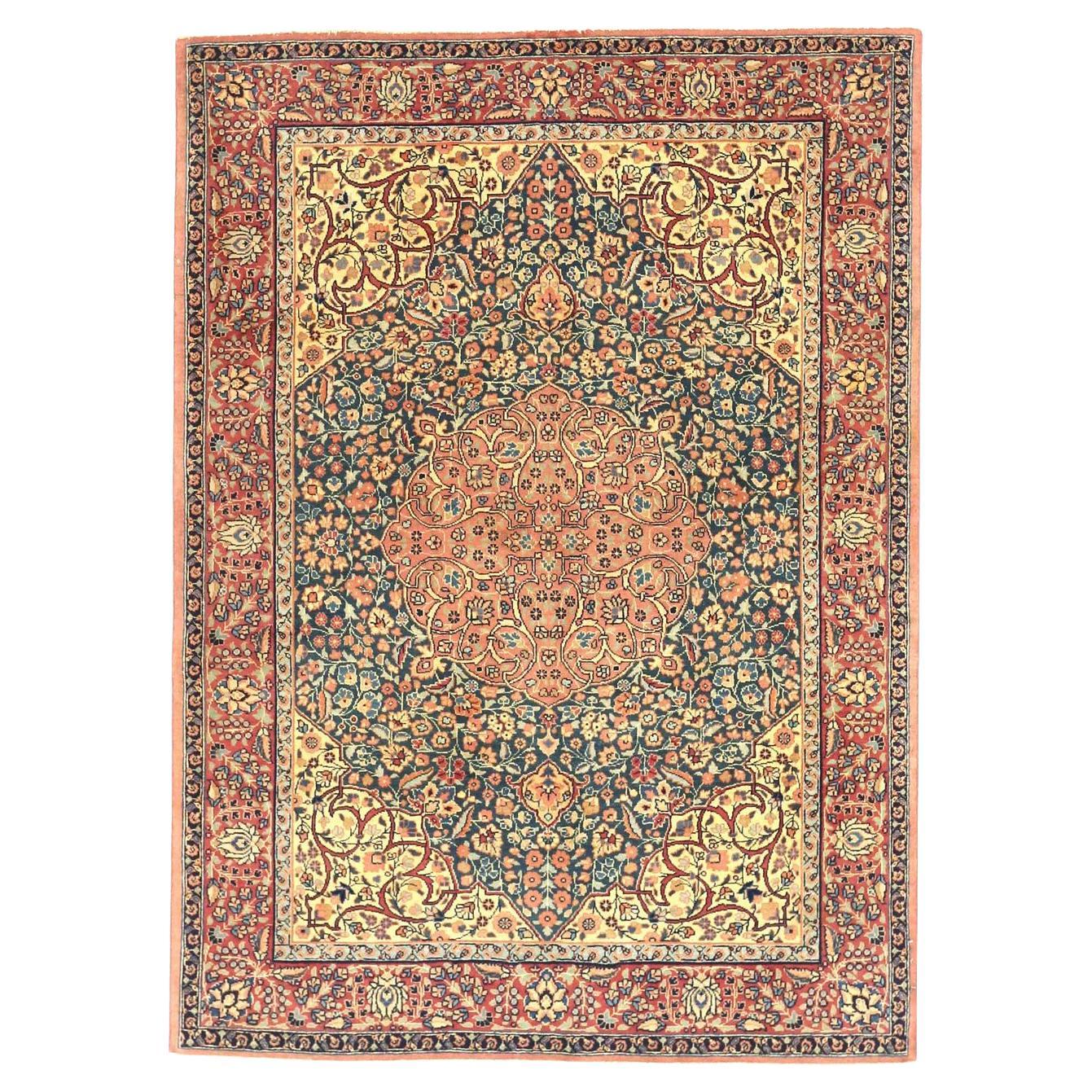 Persian Khoi Small Rug Circa 1940 - Wool Ivory Navy Blue Pink Red 72941