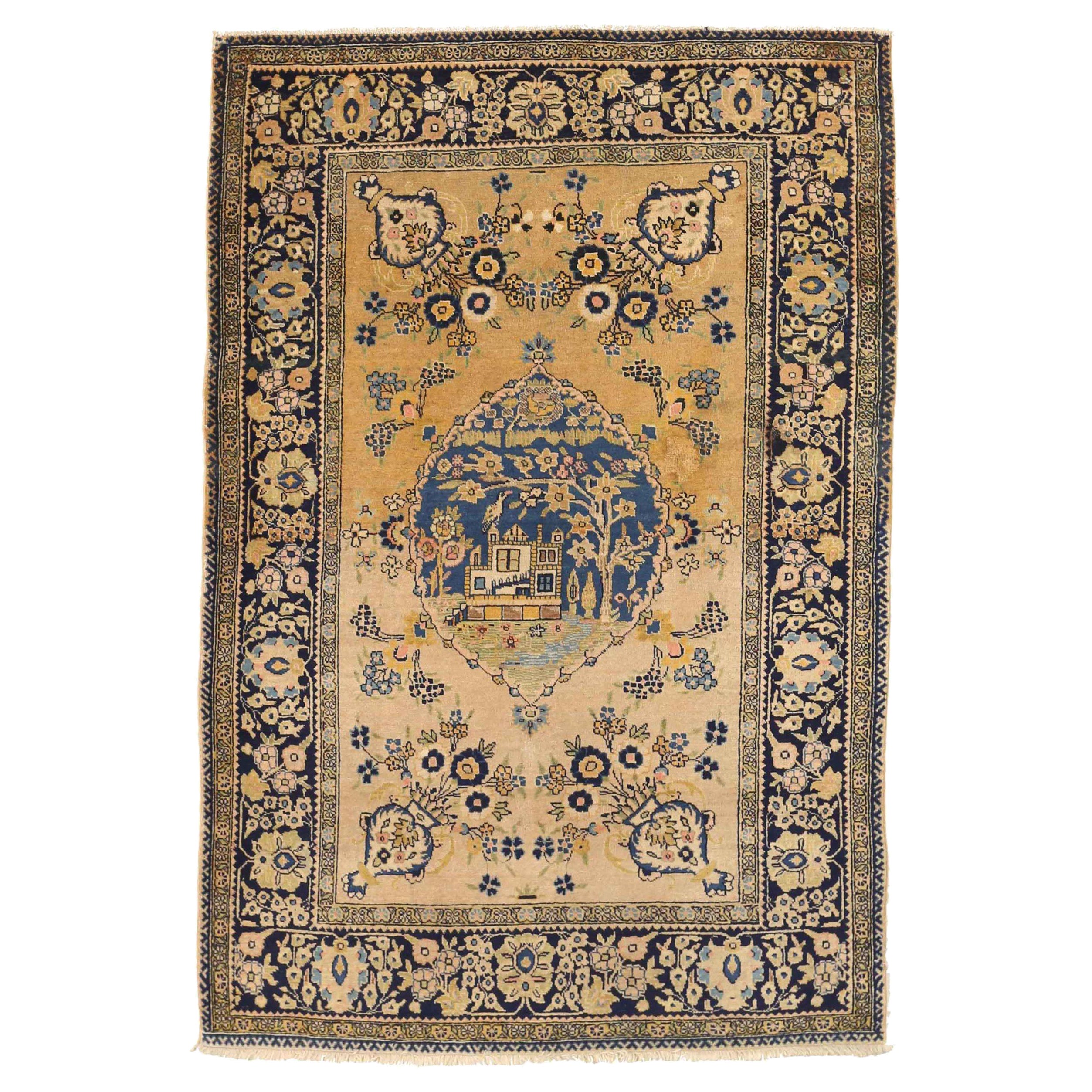 Persian Khoi Small Rug - Wool Ivory Navy Blue Yellow Design - 75037 For Sale