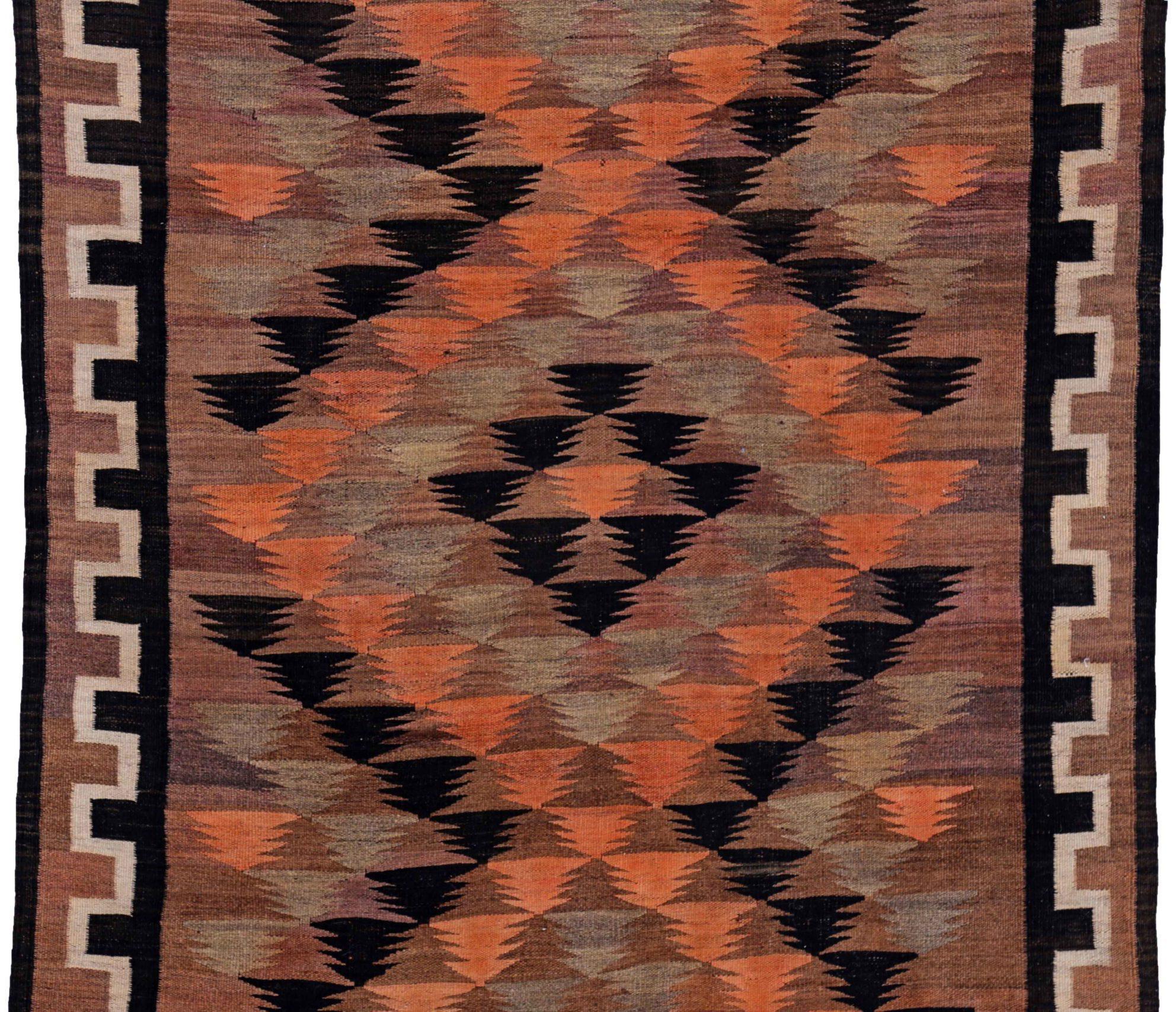 Asiatico Tappeti persiani Kilim Circa 1910 - Lana Nero Marrone Arancione Design - 91455 in vendita