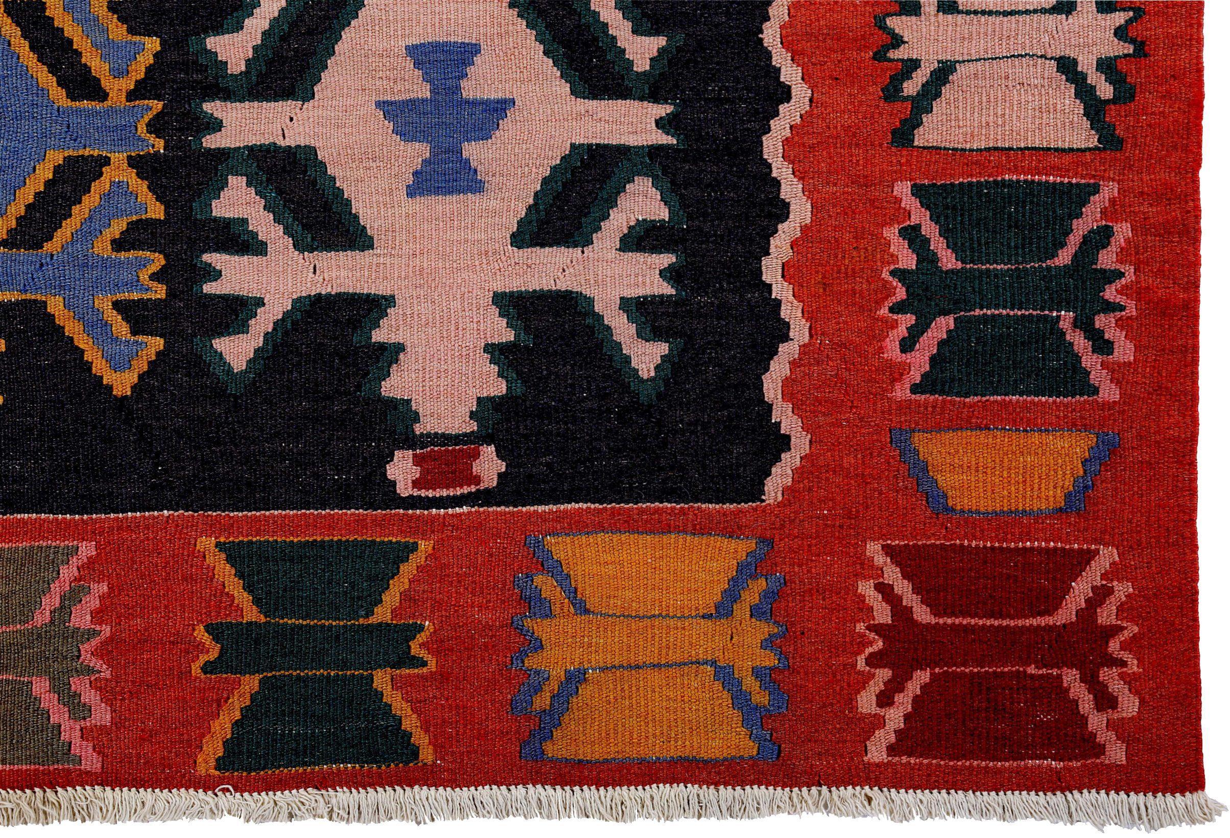 Persische Kelim-Teppiche Circa 1910 - Wolle Schwarz Grün Rosa Design - 89321 im Zustand „Hervorragend“ im Angebot in Dallas, TX