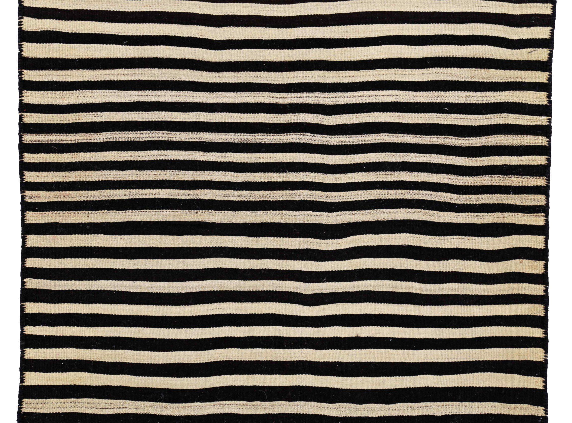 Asian Persian Kilim Area Rugs Circa 1910 - Wool Black Ivory Design - 91502 For Sale