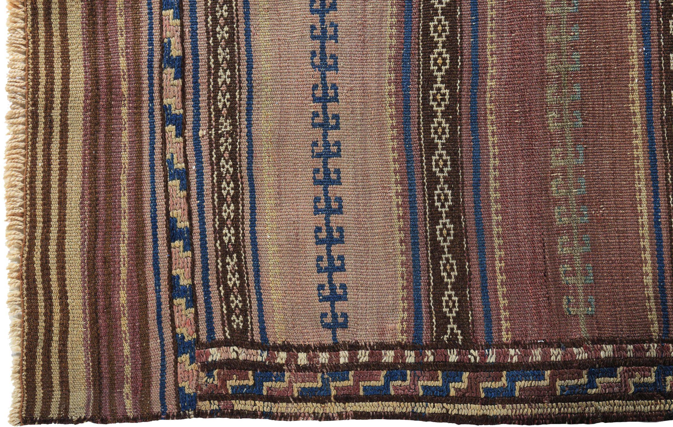 Asiatique Rugs Kilim Persans Circa 1910 - Laine Bleu Brown Red Design - 89200 en vente