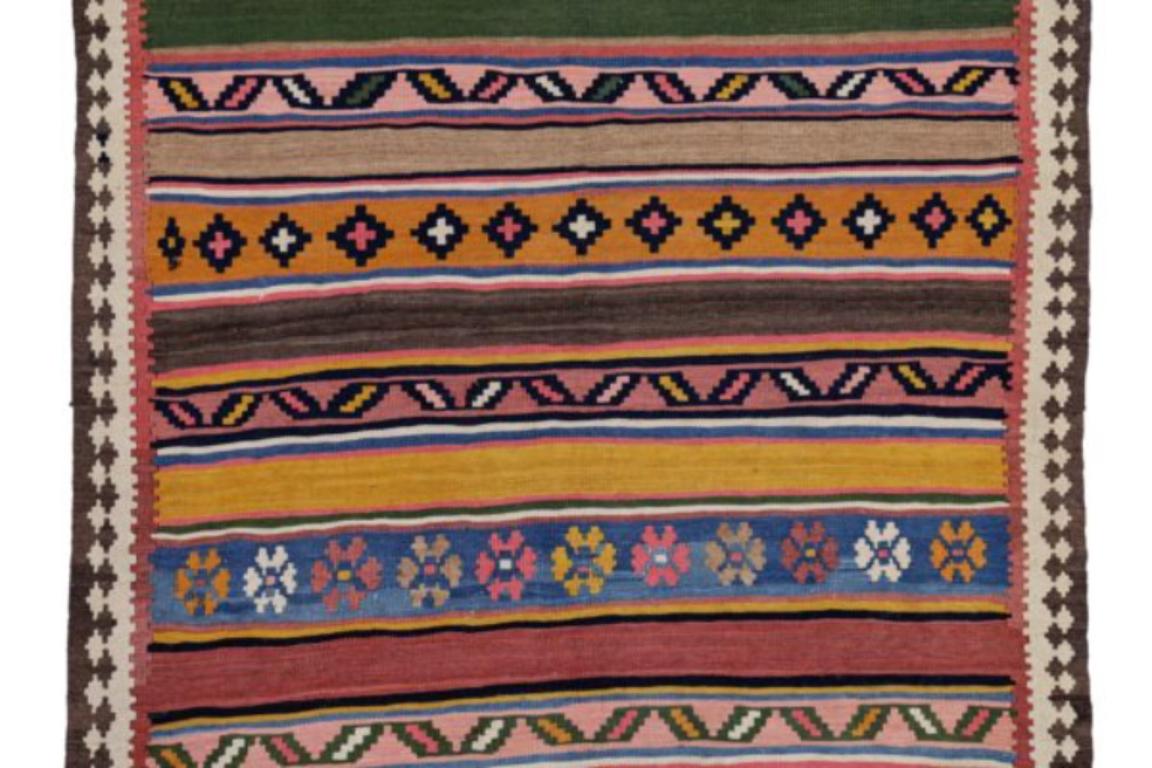 Asian Persian Kilim Area Rugs Circa 1910 - Wool Blue Green Pink Yellow Design - 91536 For Sale