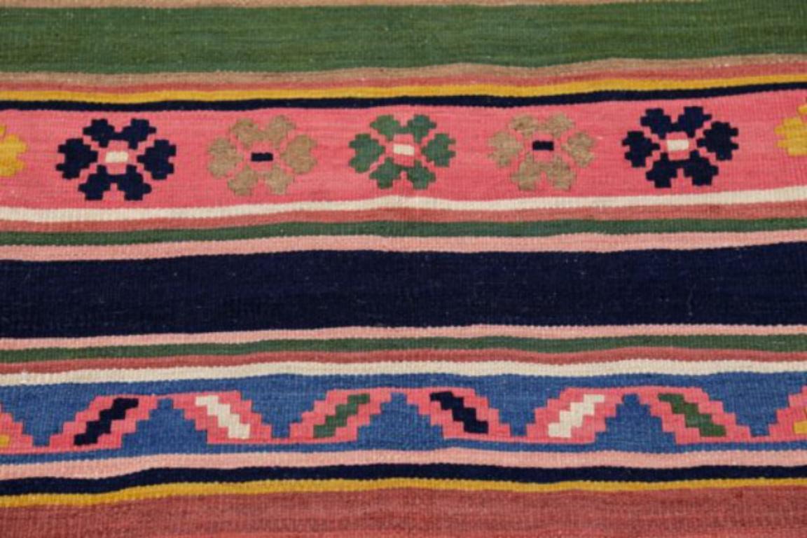 Persian Kilim Area Rugs Circa 1910 - Wool Blue Green Pink Yellow Design - 91536 In Excellent Condition For Sale In Dallas, TX