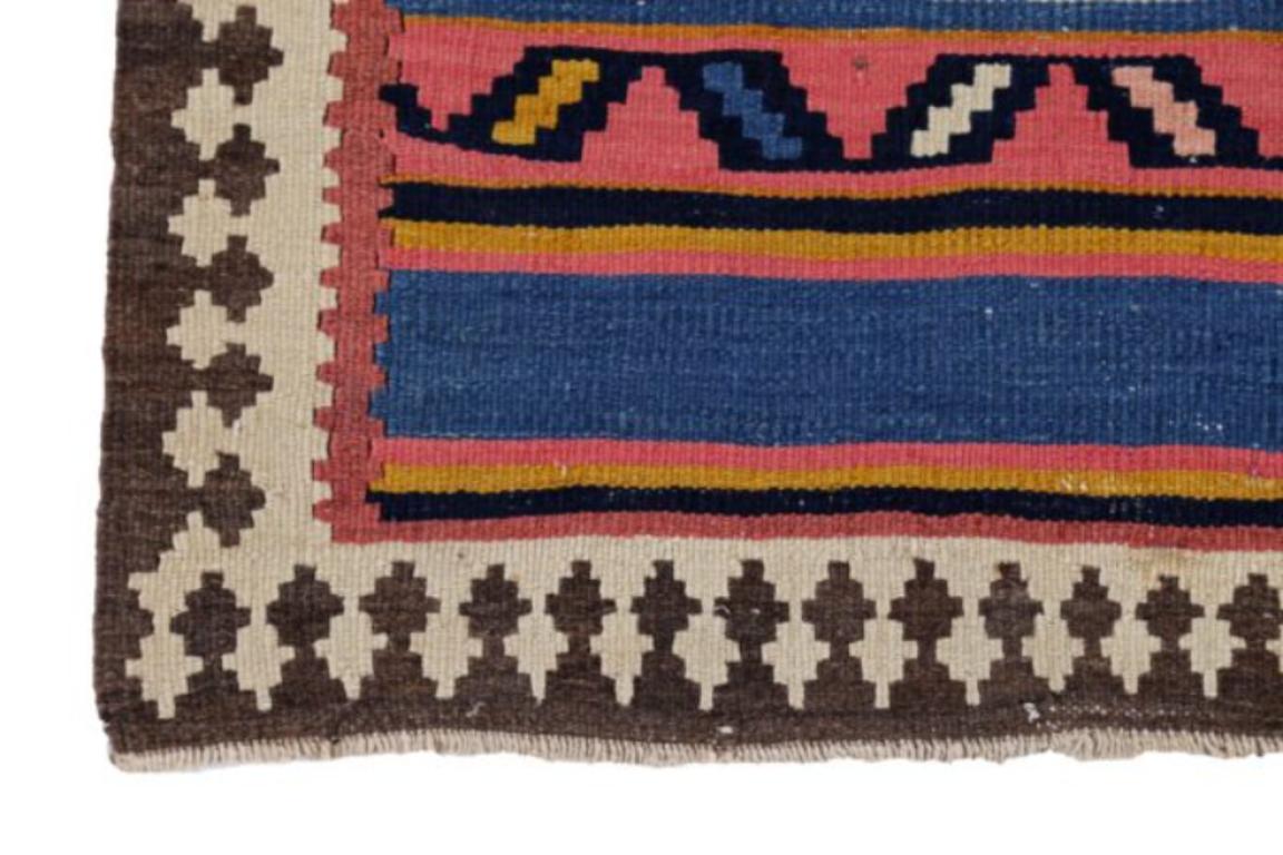 20th Century Persian Kilim Area Rugs Circa 1910 - Wool Blue Green Pink Yellow Design - 91536 For Sale