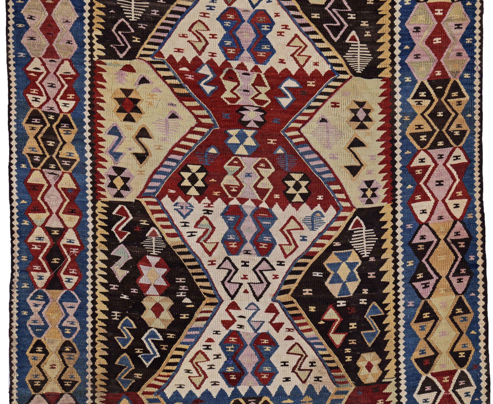20ième siècle Tapis persans Kilim datant d'environ 1910 - motif en laine bleu ivoire rouge jaune - 91423 en vente