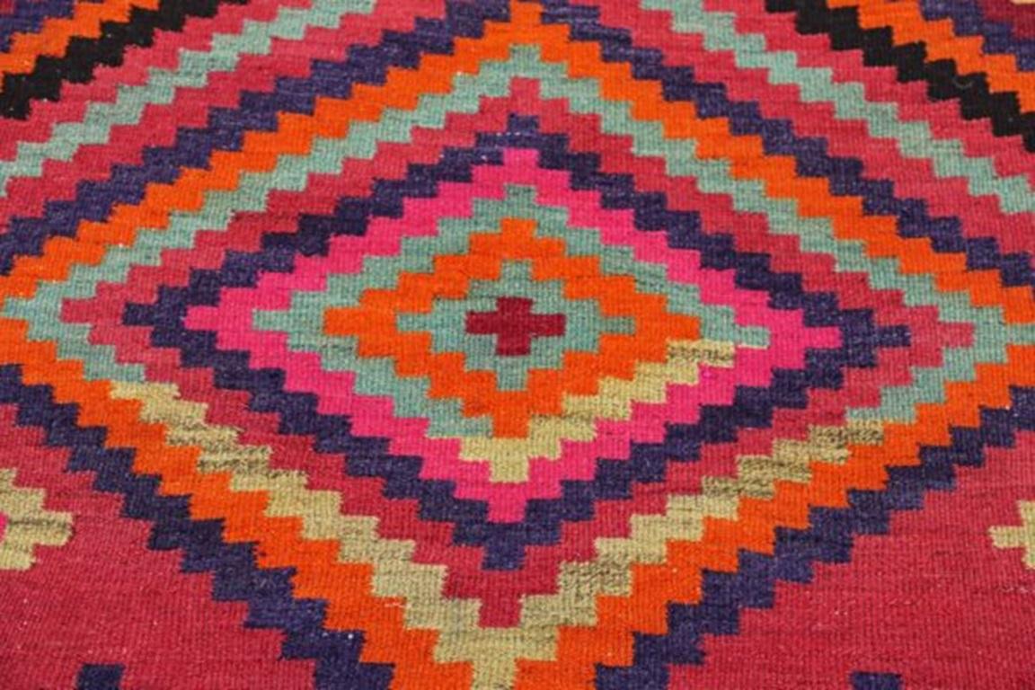 Asian Persian Kilim Area Rugs Circa 1910 - Wool Blue Orange Pink Red Yellow - 91188 For Sale