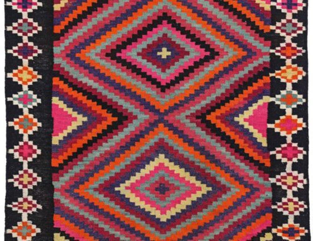 Persian Kilim Area Rugs Circa 1910 - Wool Blue Orange Pink Red Yellow - 91188 In Excellent Condition For Sale In Dallas, TX
