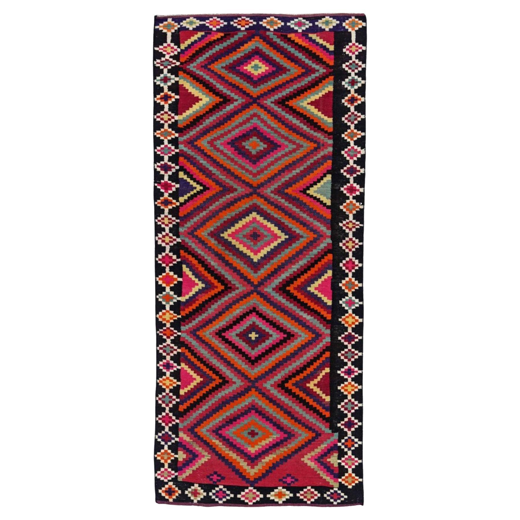 Persian Kilim Area Rugs Circa 1910 - Wool Blue Orange Pink Red Yellow - 91188 For Sale