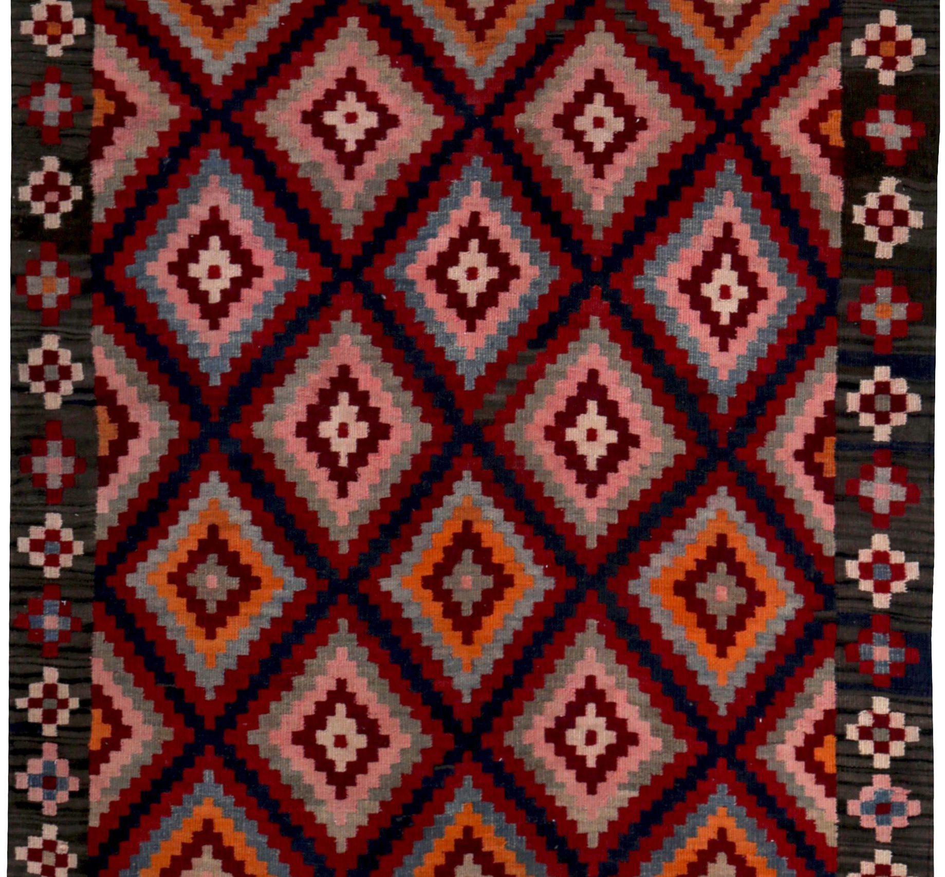 Asiatico Tappeti persiani Kilim del 1910 - Lana Marrone Avorio Arancione - 89509 in vendita
