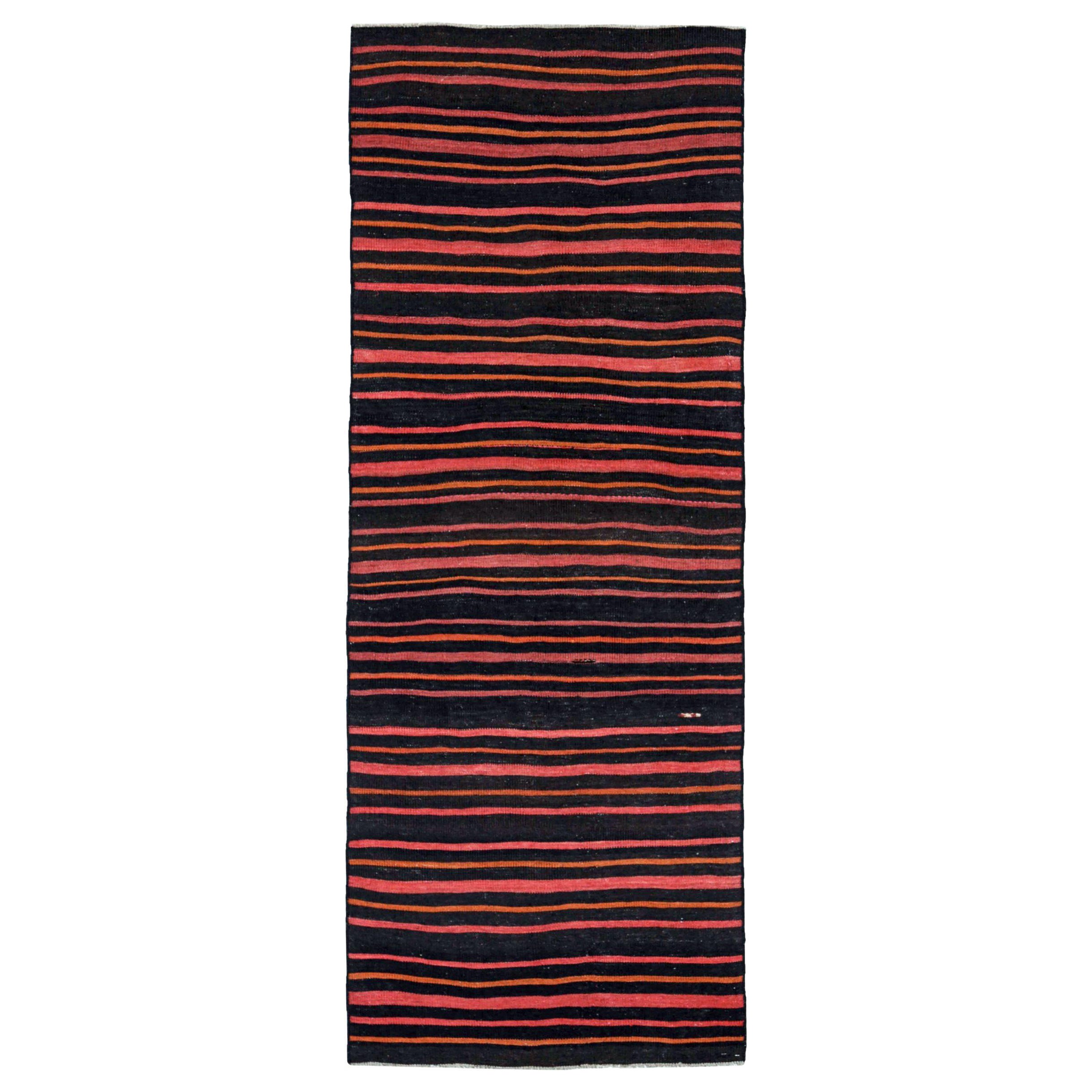 Alfombras Persas Kilim Circa 1910 - Lana Azul Marino Naranja Diseño Rosa - 91313