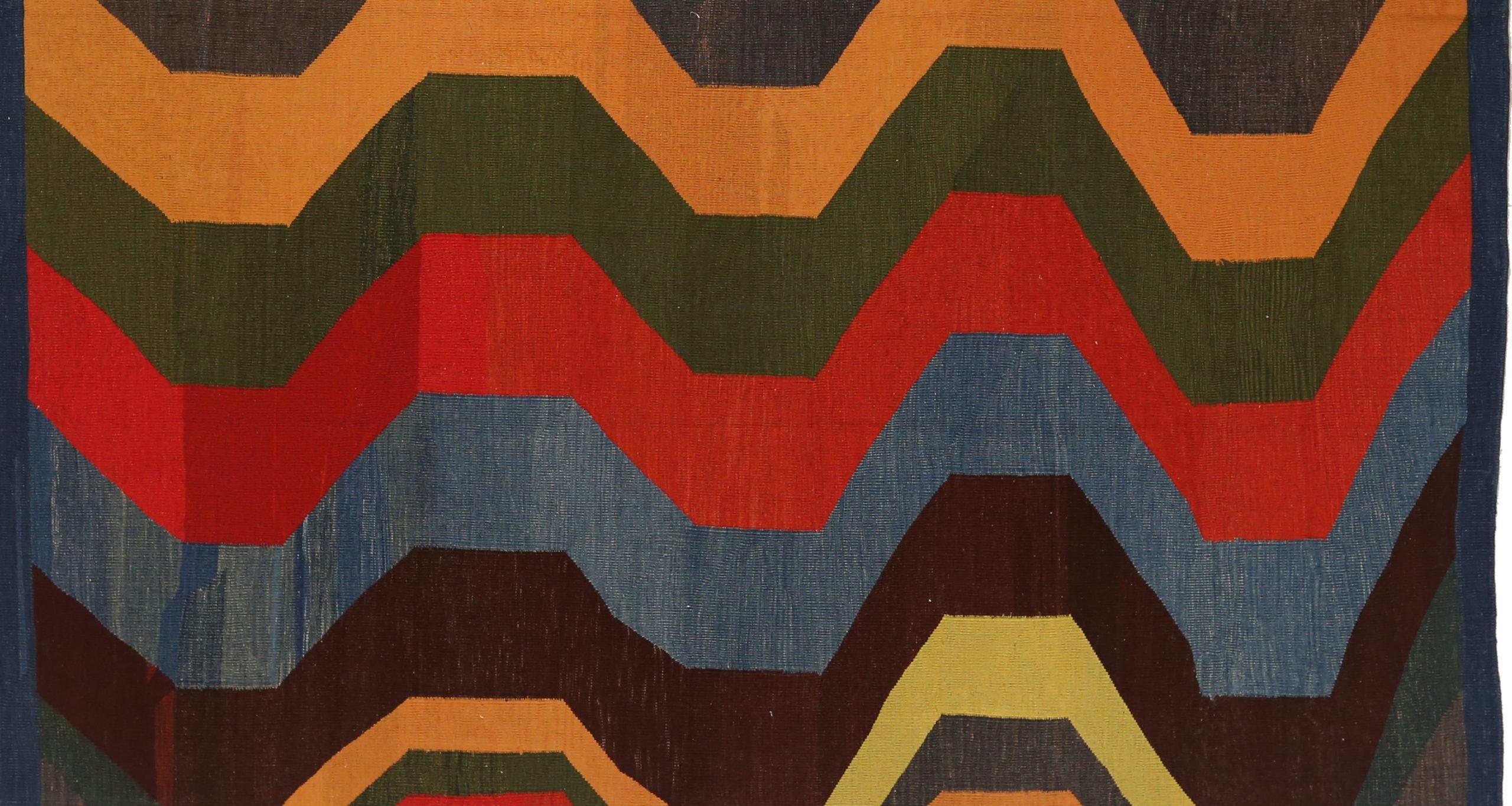 Asiatique Tapis persans Kilim vers 1990 - Laine bleu vert rouge jaune 73886 en vente