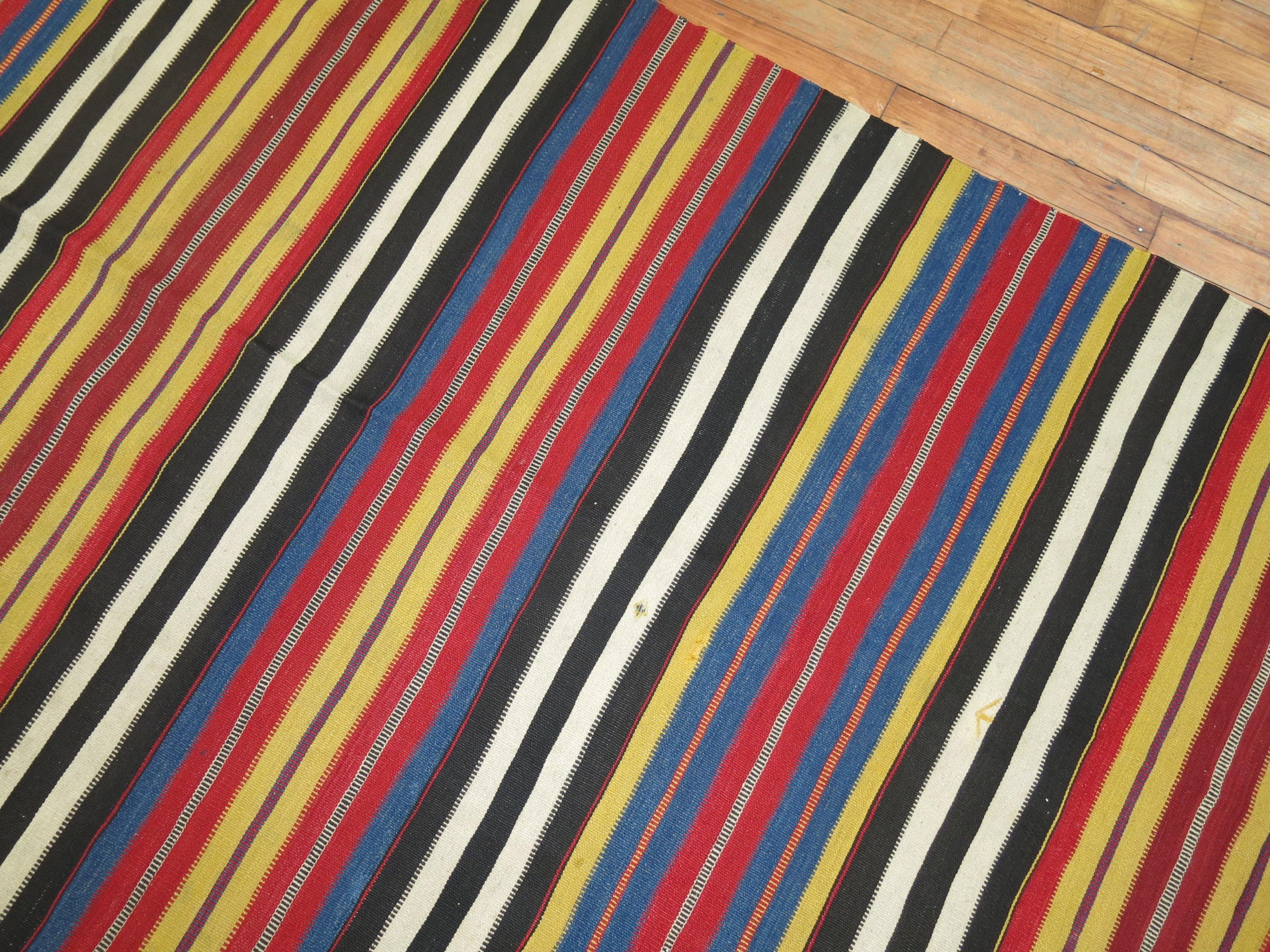 Hand-Knotted Fine Antique Striped Persian Kilim, Early 20th Century For Sale