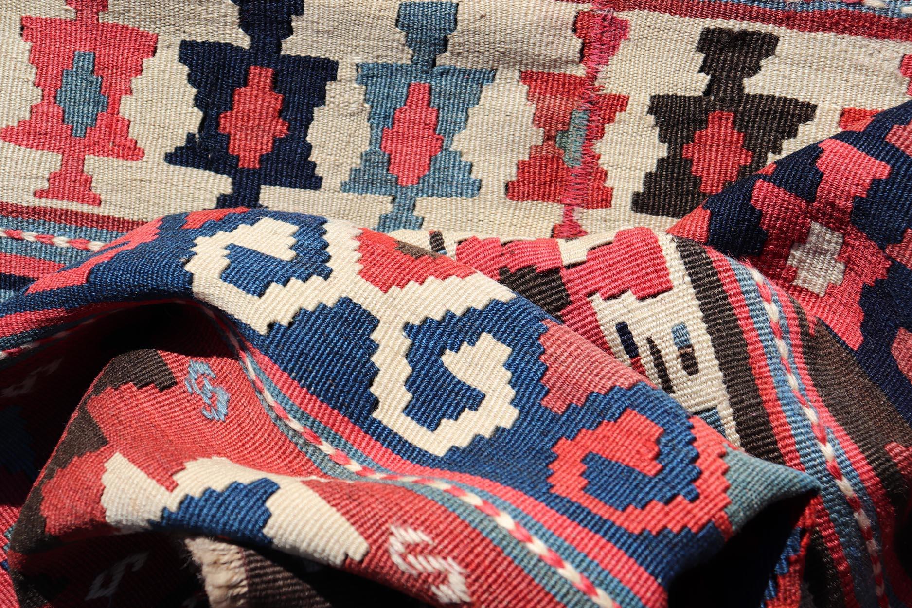Persian Kilim Rug with Bold Tribal Geometric Patterns in Vivid Colors 4'9 x 6'9 For Sale 7