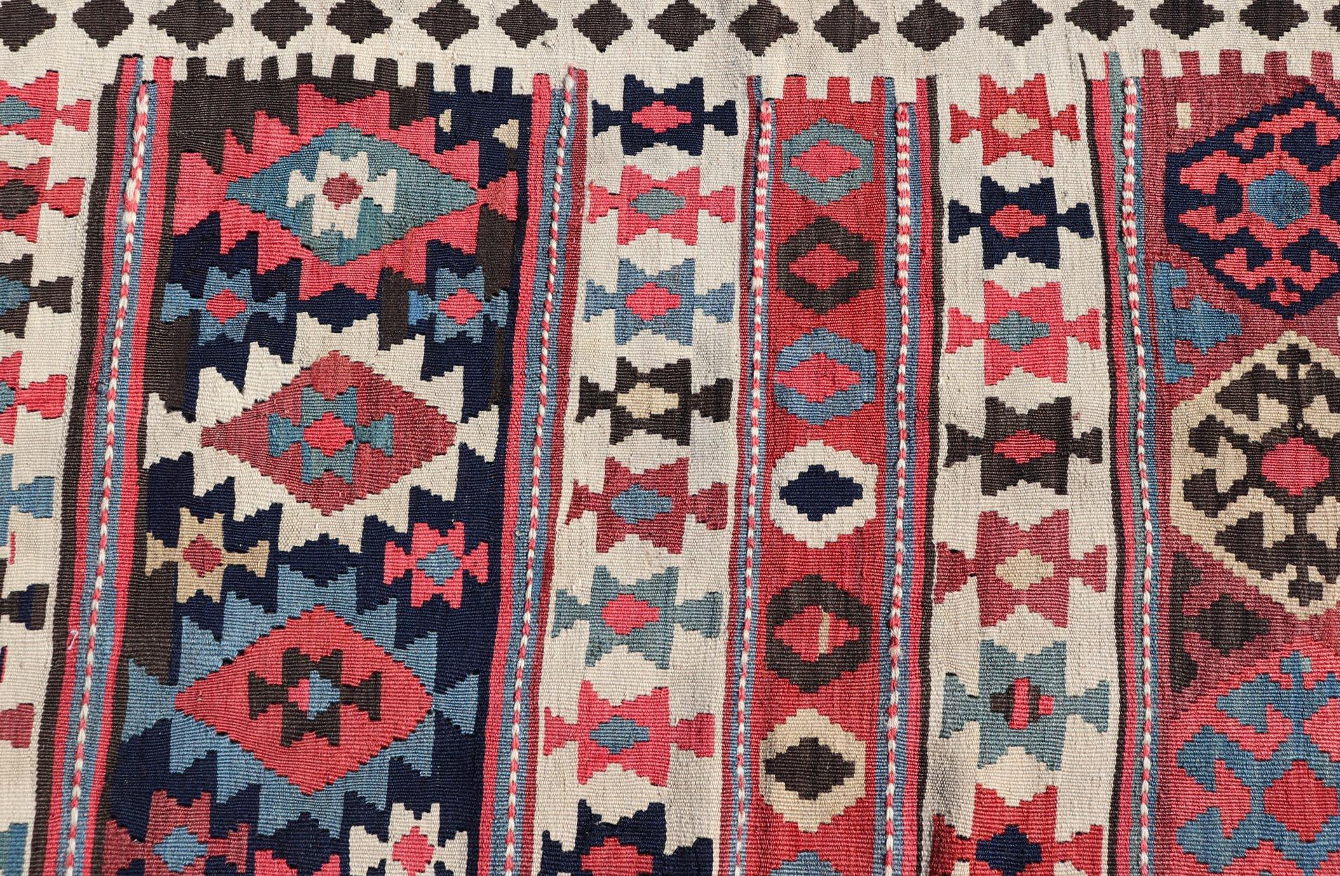 Persian Kilim Rug with Bold Tribal Geometric Patterns in Vivid Colors 4'9 x 6'9 For Sale 1