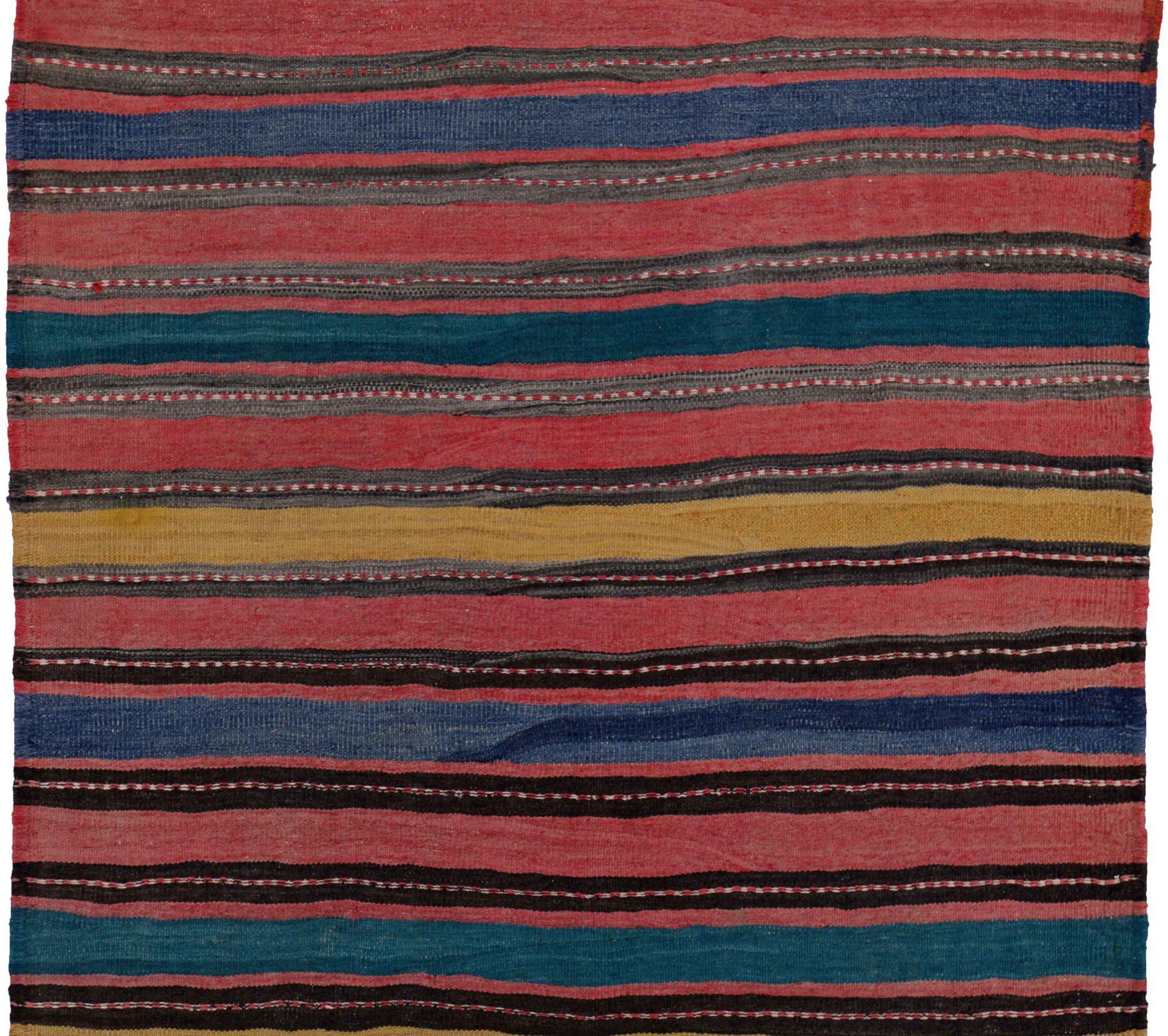 Asian Persian Kilim Runner Rug - Wool Blue Pink Yellow Design - 91479 For Sale