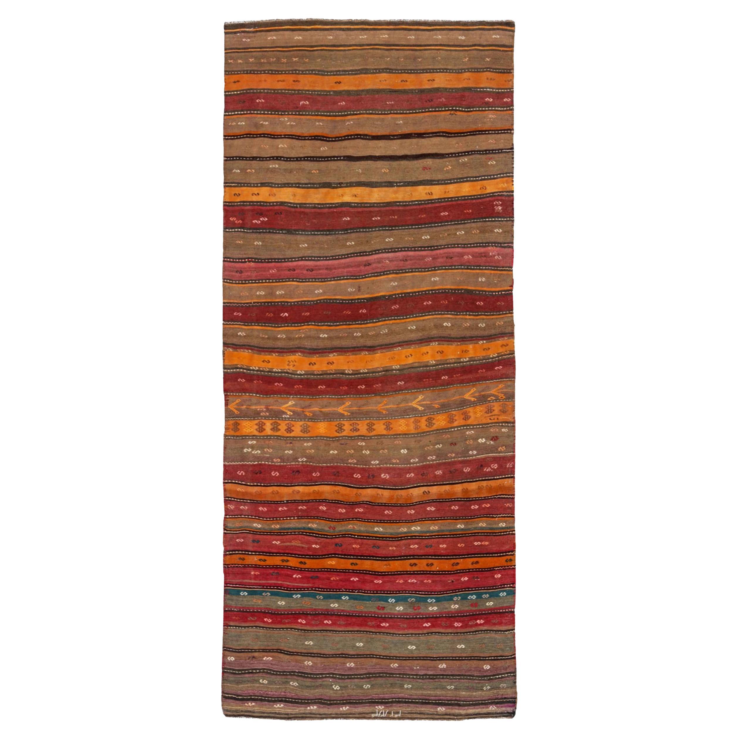 Persian Kilim Runner Rug - Wool Brown Orange Pink Red Design - 91190