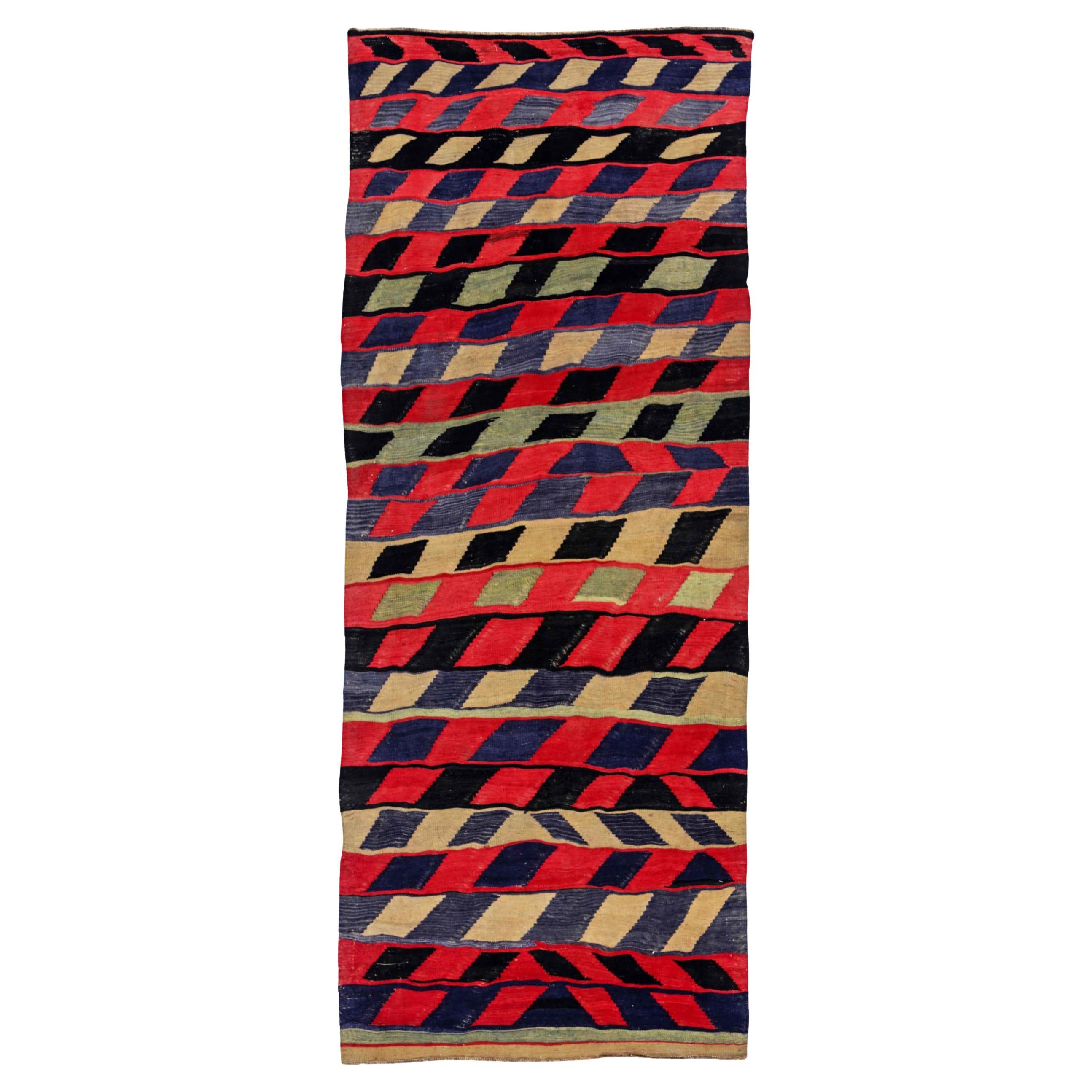 Persian Kilim Runner Rug Circa 1910 - Wool Black Blue Green Red Yellow - 91193