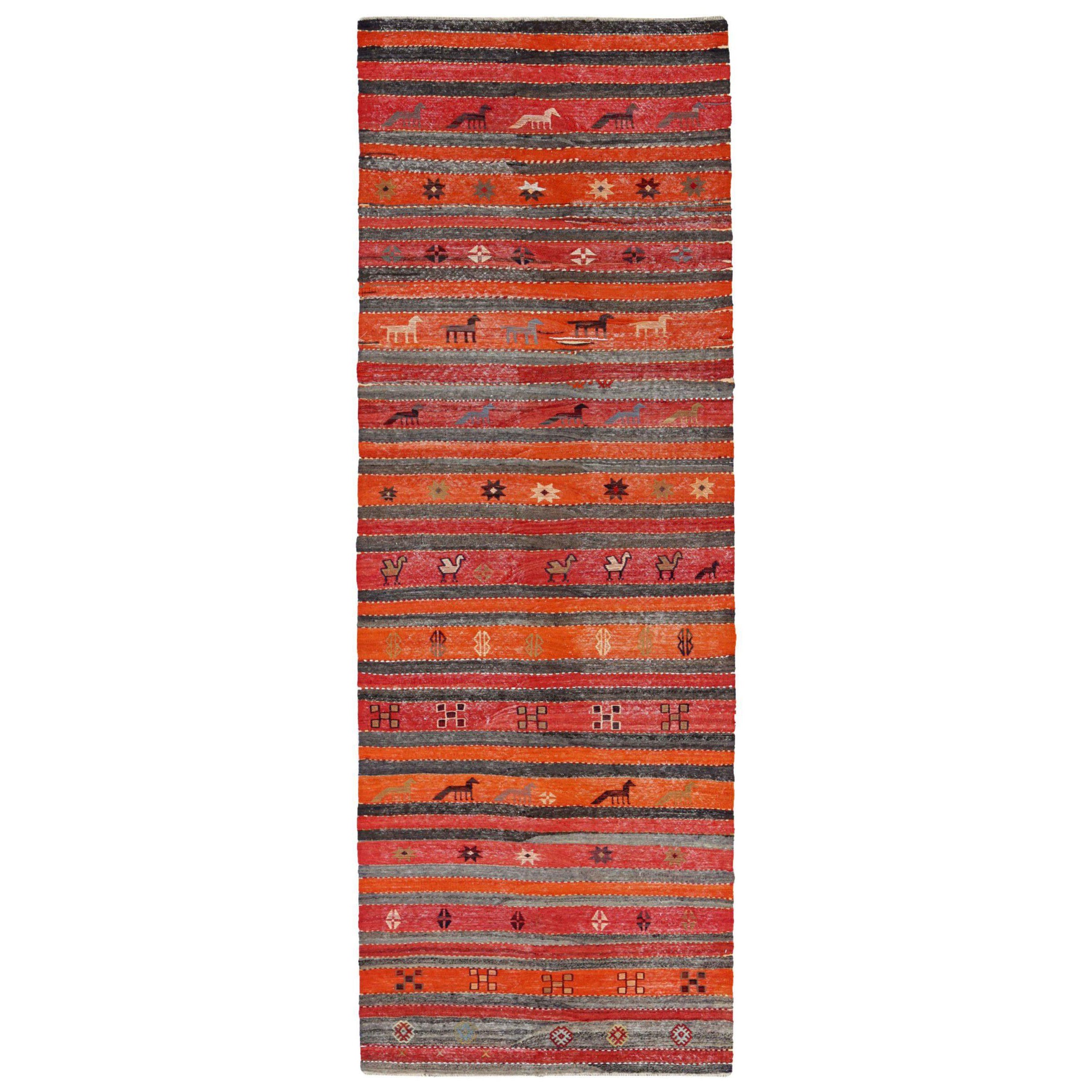 Tapis de couloir Kilim persan vers 1910 - Laine bleu gris ivoire orange rouge - 91271