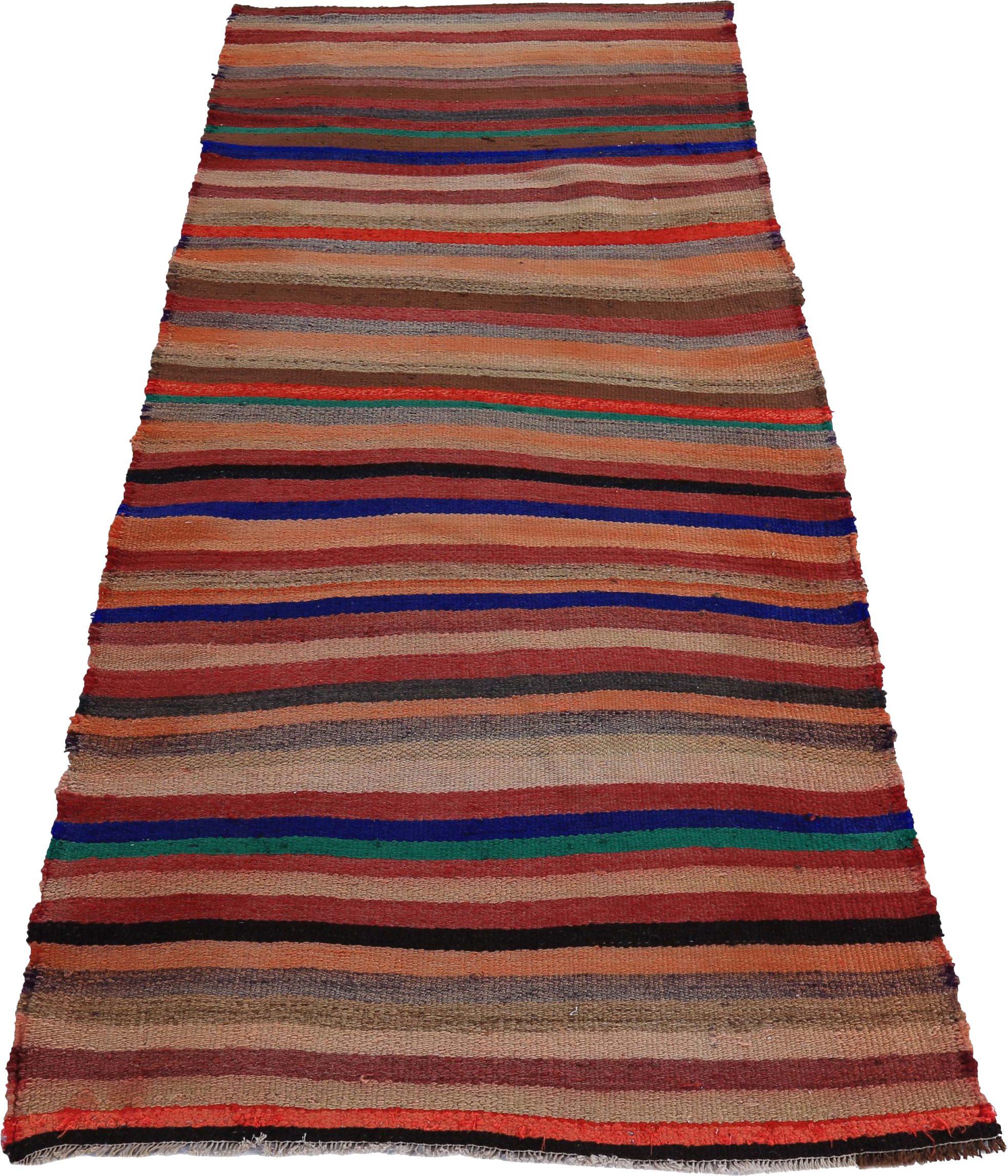 Entdecken Sie die Eleganz des persischen Kilim mit dem Läufer von CIRCA 1910. Dieses exklusive Design aus Wolle und BlauOrangeRot ist perfekt, um Ihren Raum zu verschönern.