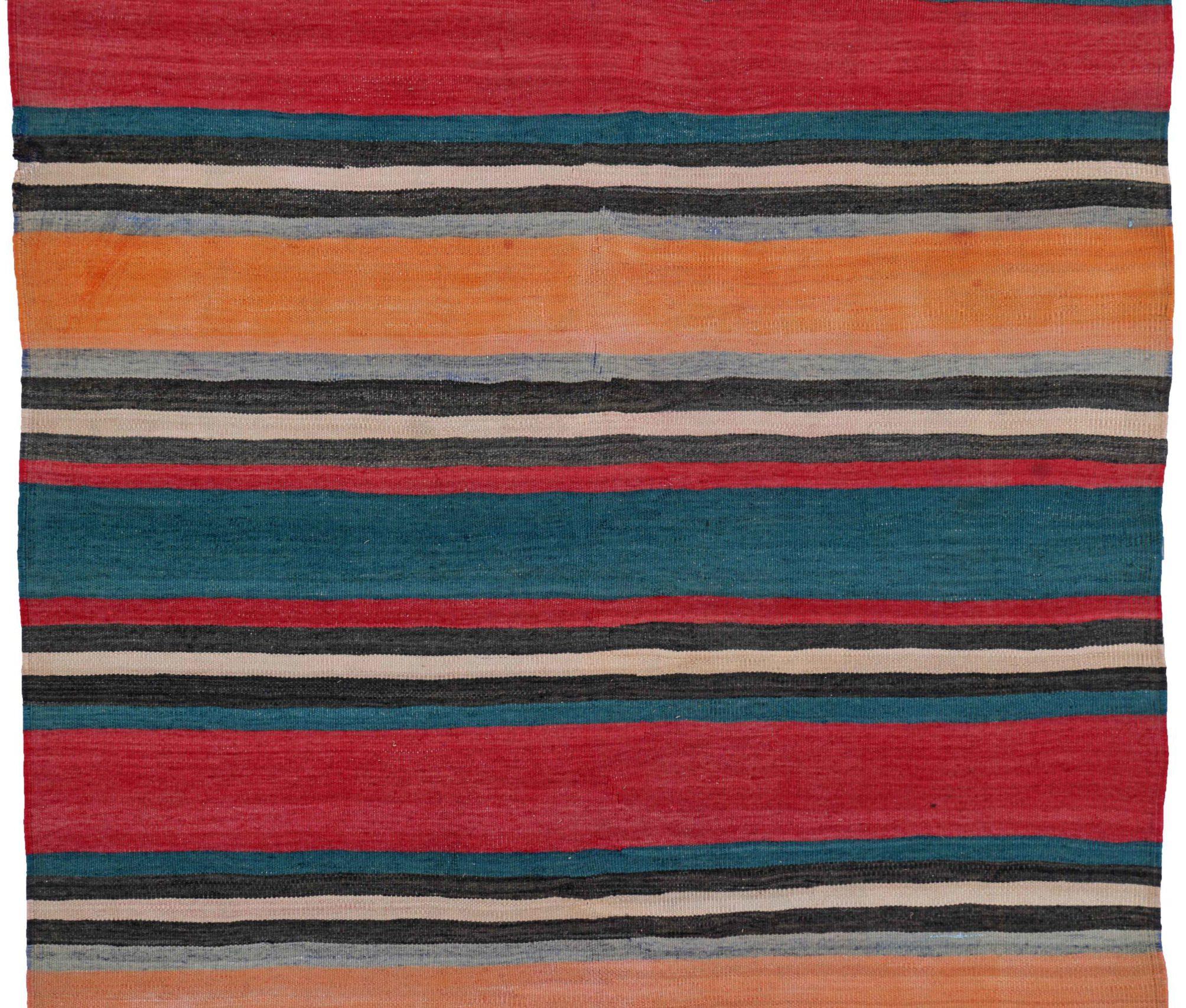 Persischer Kelim-Läufer Circa 1910 - Wolle Blau Orange Rot Design - 91470 (Asiatisch) im Angebot