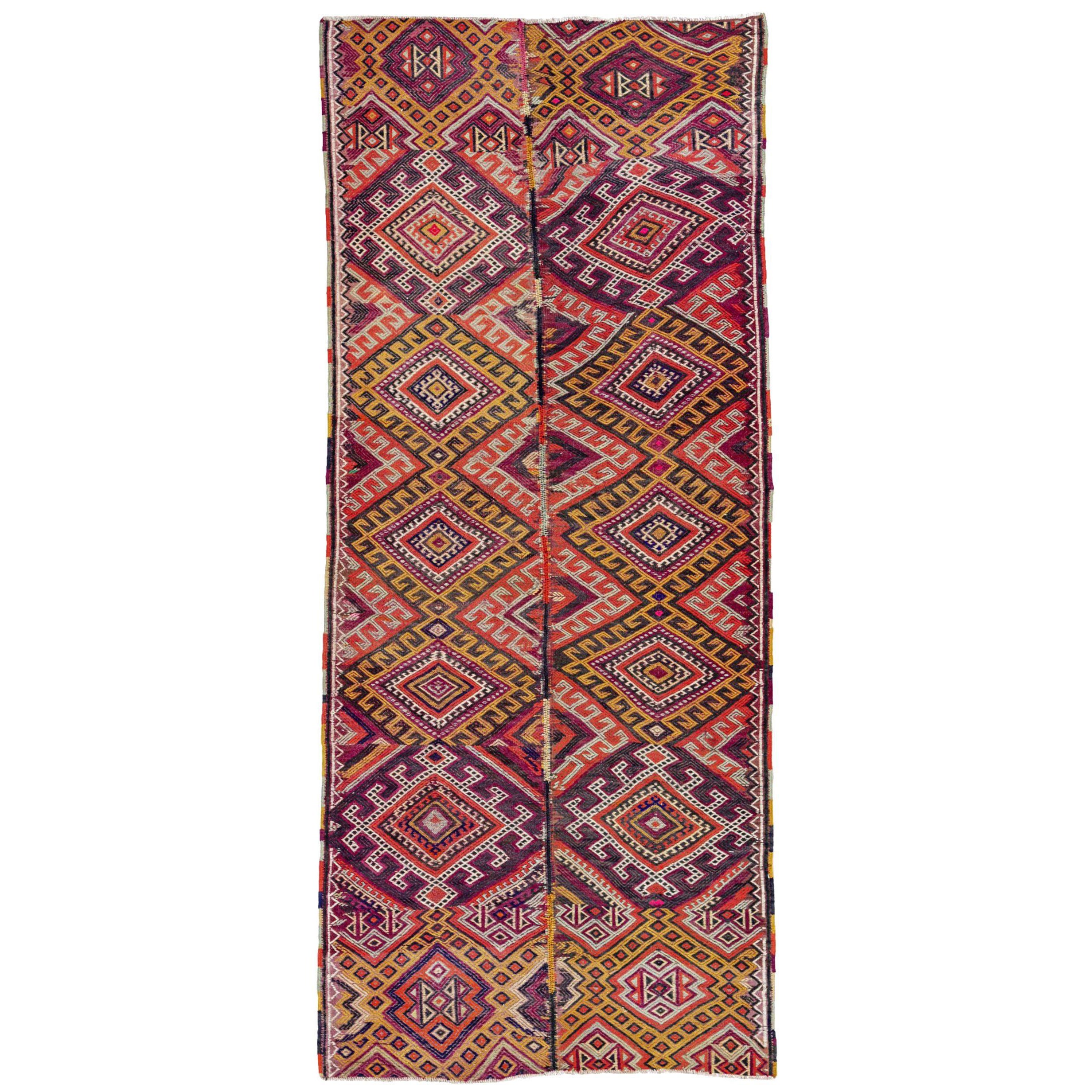 Persische Kilim Läufer Teppich Circa 1910 - Wolle Braun Elfenbein Rot Gelb Design - 91237