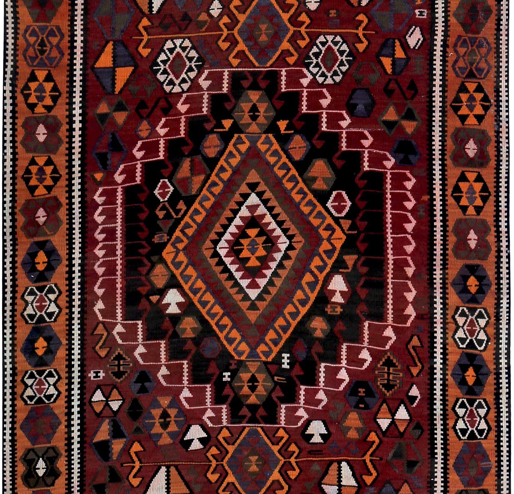 Persische Kilim Läufer Teppich CIRCA 1910 - Wolle Braun Orange Rot Design - 89519 (Asiatisch) im Angebot