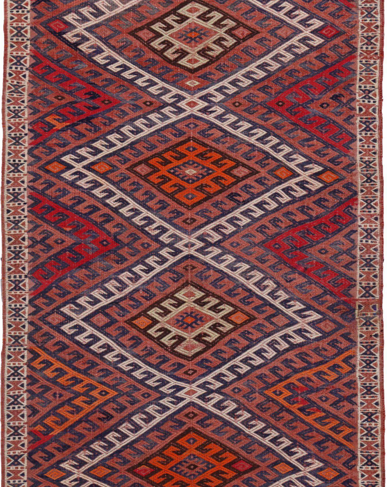 Persischer Kelim-Läufer Circa 1910 - Wolle Elfenbein Orange Rot Design - 91540 (Asiatisch) im Angebot