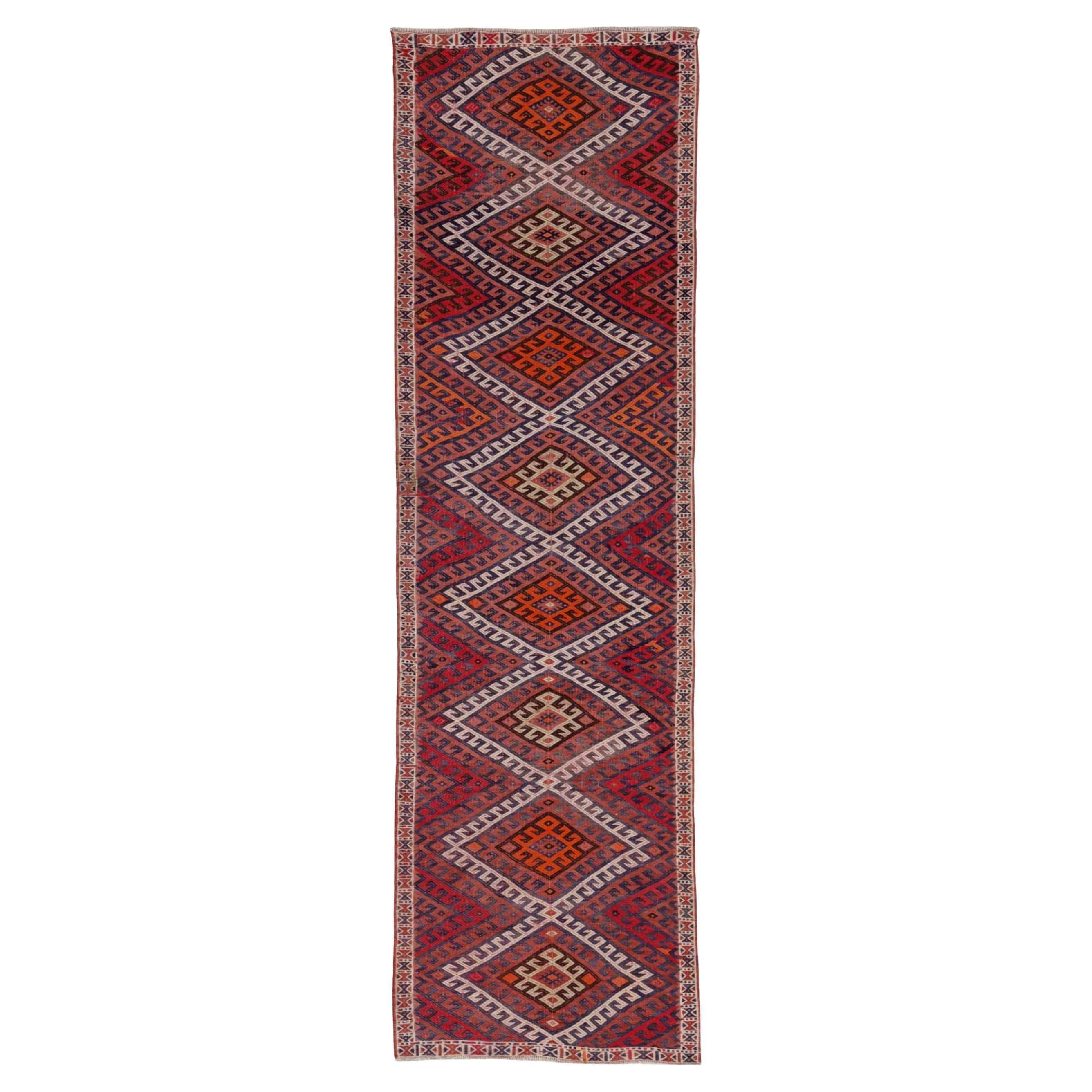 Tapis de course persan Kilim Circa 1910 - Laine Ivoire Orange Rouge Design/One - 91540