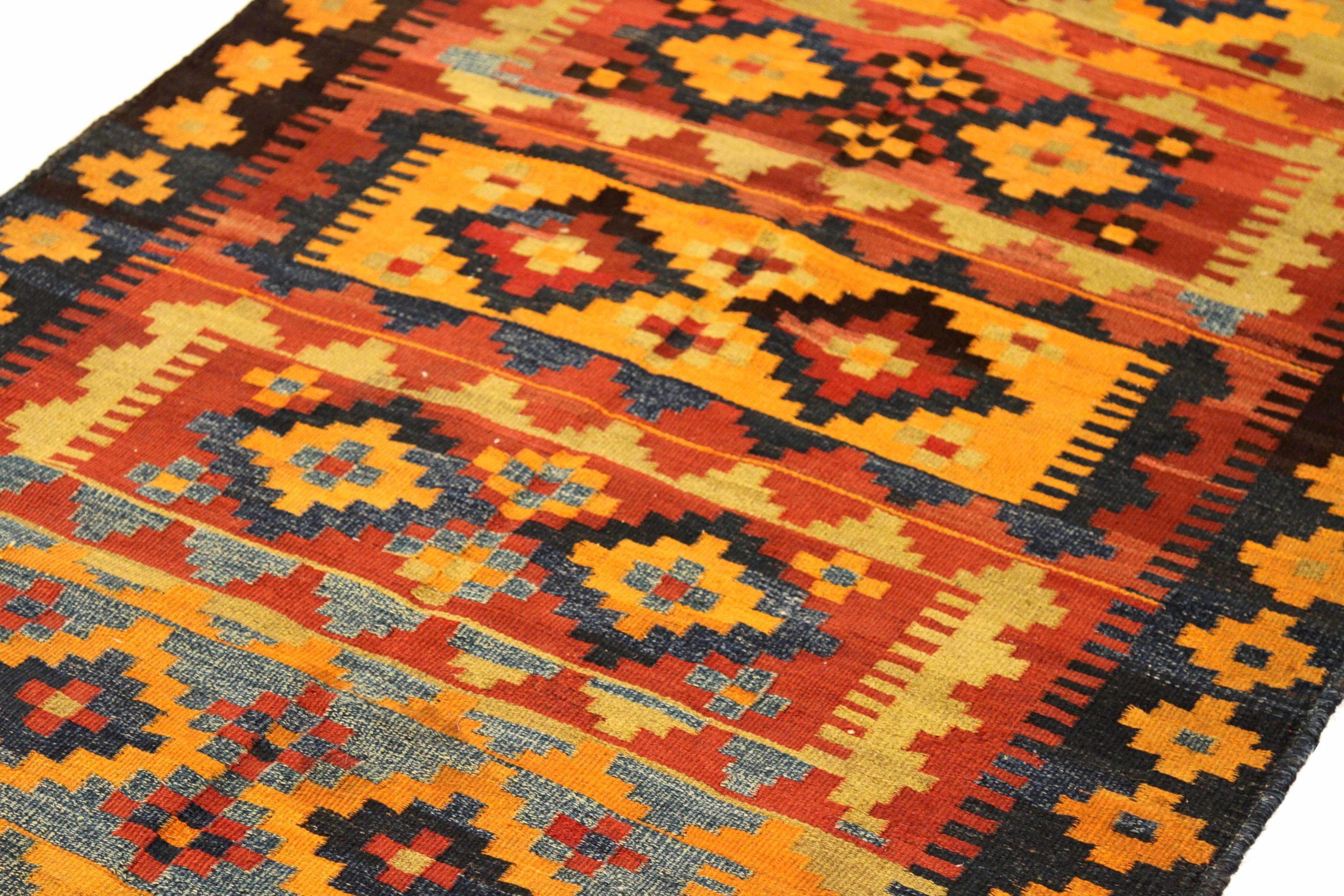 Asian Persian Kilim Small Rug - Wool Brown Green Orange Red 73873 For Sale