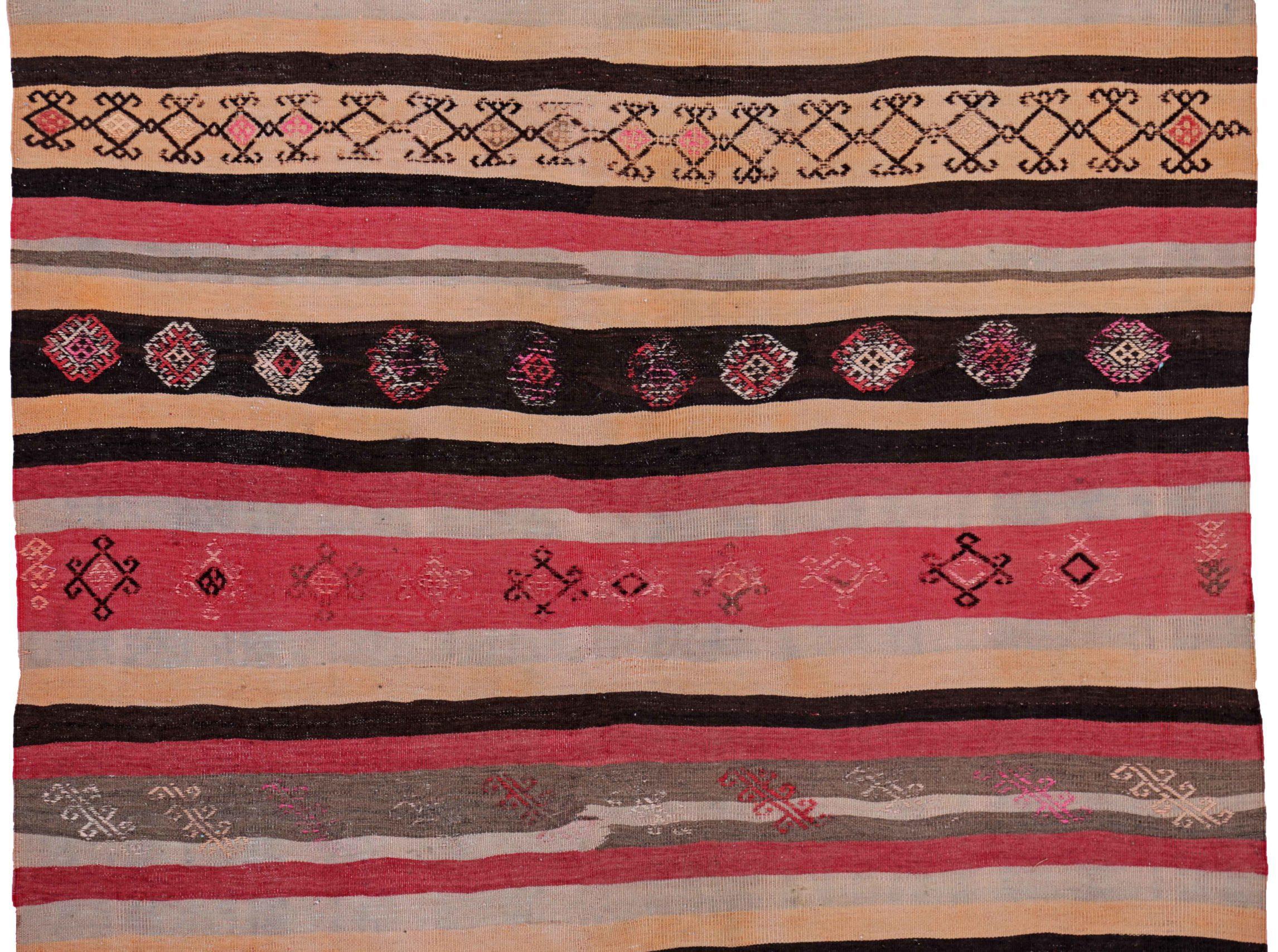 Persischer Kelim-Teppich Circa 1910 - Wolle Schwarz Elfenbein Rosa Design - 91161 (Asiatisch) im Angebot