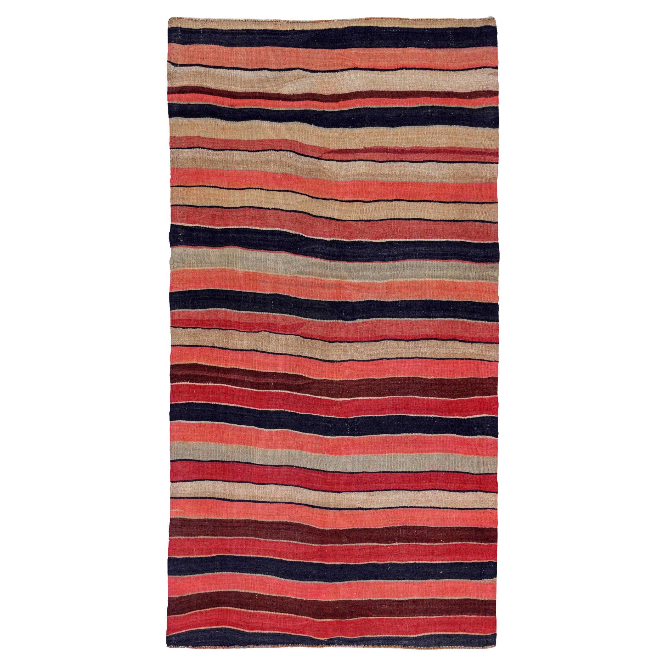Alfombra Persa Kilim Pequeña Circa 1910 - Lana Negro Marfil Rosa Rojo Design - 91445