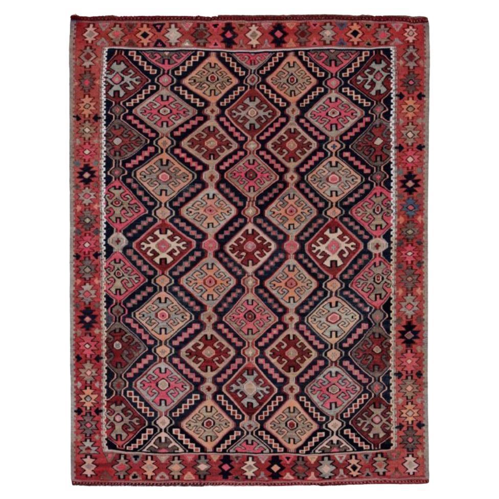 Alfombra Persa Kilim Pequeña Circa 1910 - Lana Negro Marfil Rosa Rojo Design - 91484