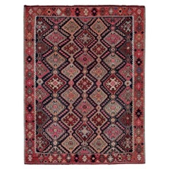 Alfombra Persa Kilim Pequeña Circa 1910 - Lana Negro Marfil Rosa Rojo Design - 91484