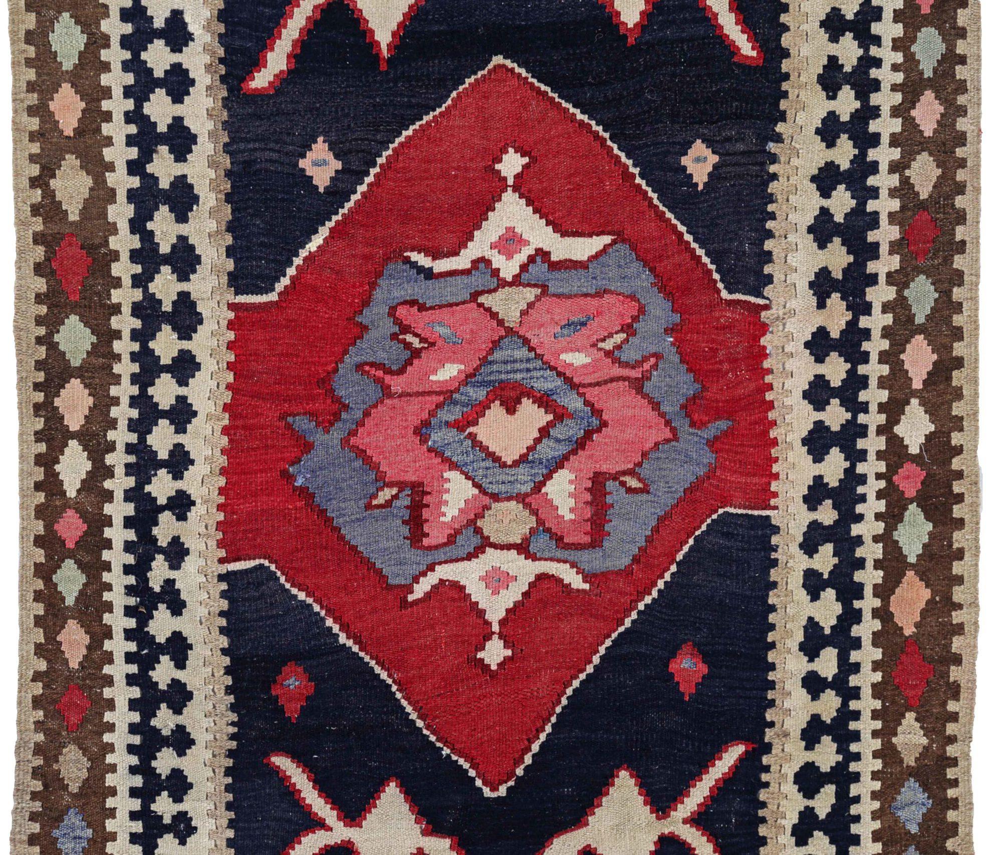 Persischer Kelim-Teppich Circa 1910 - Wolle Schwarz Elfenbein Rot Design - 91233 (Asiatisch) im Angebot