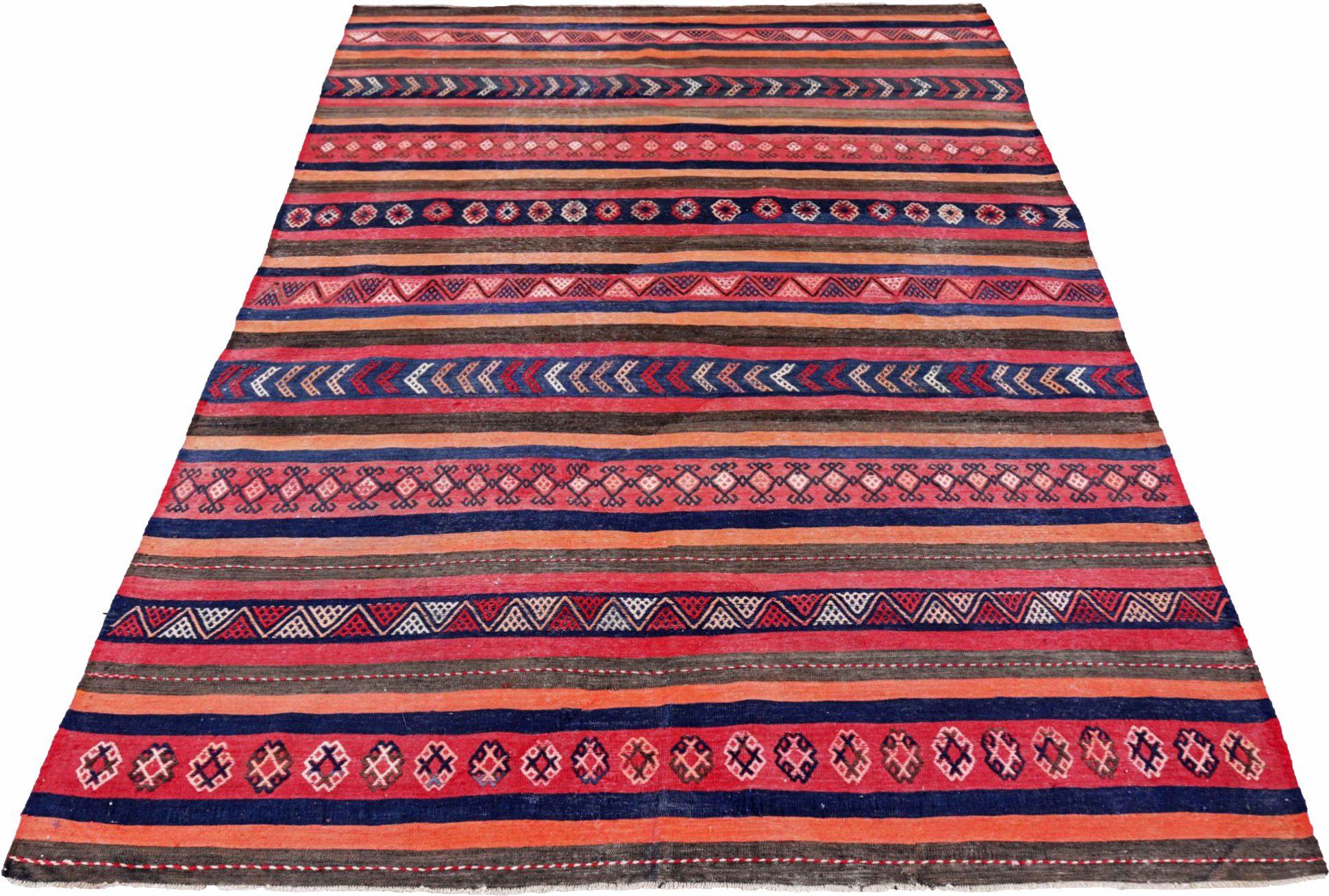 Entdecken Sie die Eleganz eines persischen Kilims mit einem kleinen Teppich von CIRCA 1910. Dieses exklusive Design aus Wolle und BlauBraunOrangeRosaRot ist perfekt, um Ihren Raum zu verschönern.