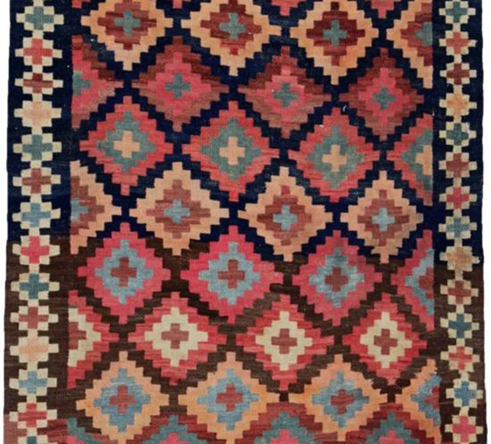 Asiatico Rug & Kilim persiano del 1910 - Lana Blu Verde Blu Navy Rosa - 91239 in vendita