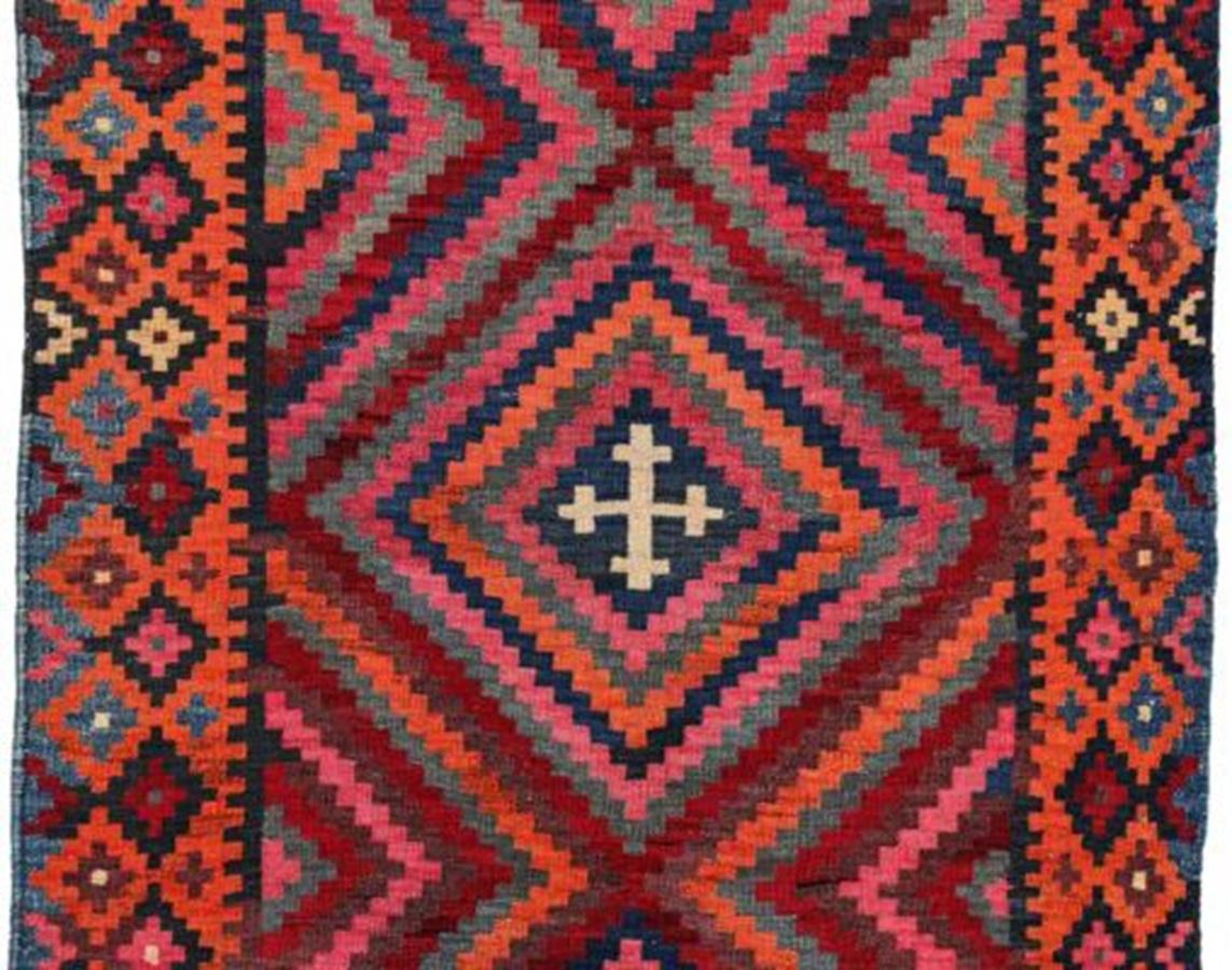 Persischer Kelim-Teppich Circa 1910 - Wolle Blau Grün Orange Rosa Design - 91241 (Asiatisch) im Angebot