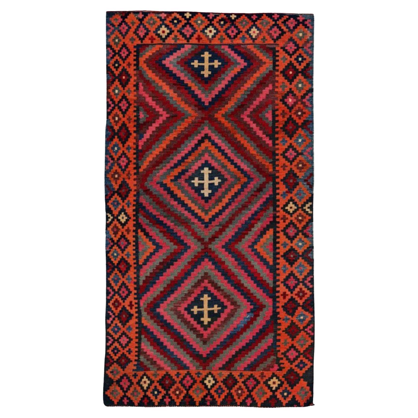 Petit tapis persan Kilim datant d'environ 1910 - Design en laine bleu vert orange rose - 91241