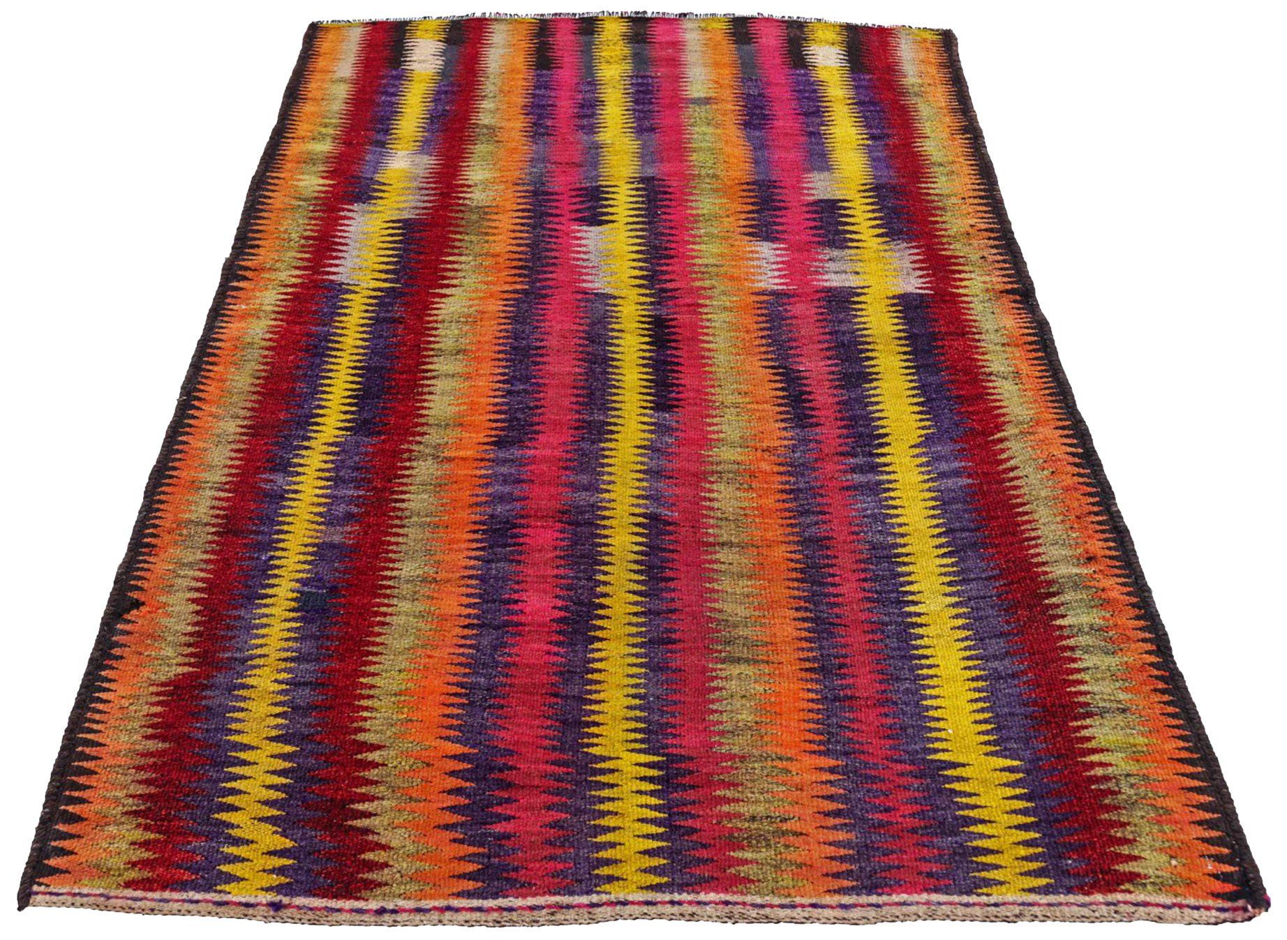 Entdecken Sie die Eleganz eines persischen Kilims mit einem kleinen Teppich von CIRCA 1910. Dieses exklusive Design aus Wolle und BlauGrünOrangeRosaRotGelb ist perfekt, um Ihren Raum zu verschönern.