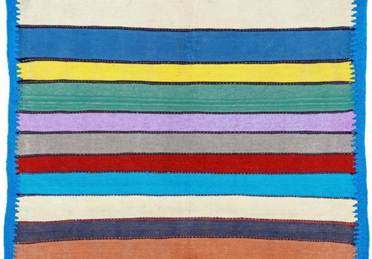 Asiatique Petit tapis persan Kilim vers 1910 - Laine bleu vert violet rouge jaune - 91244 en vente